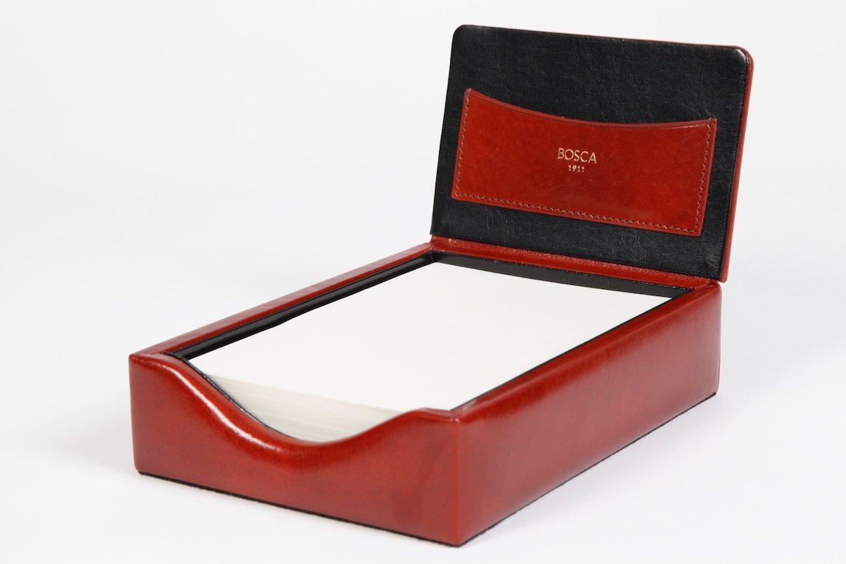 Bosca Old Leather Flip Top Memo Box - Vintage Amber Leather Stationery Organizer for Home & Office Desk | Perfect for Notes, Cards & Keepsakes