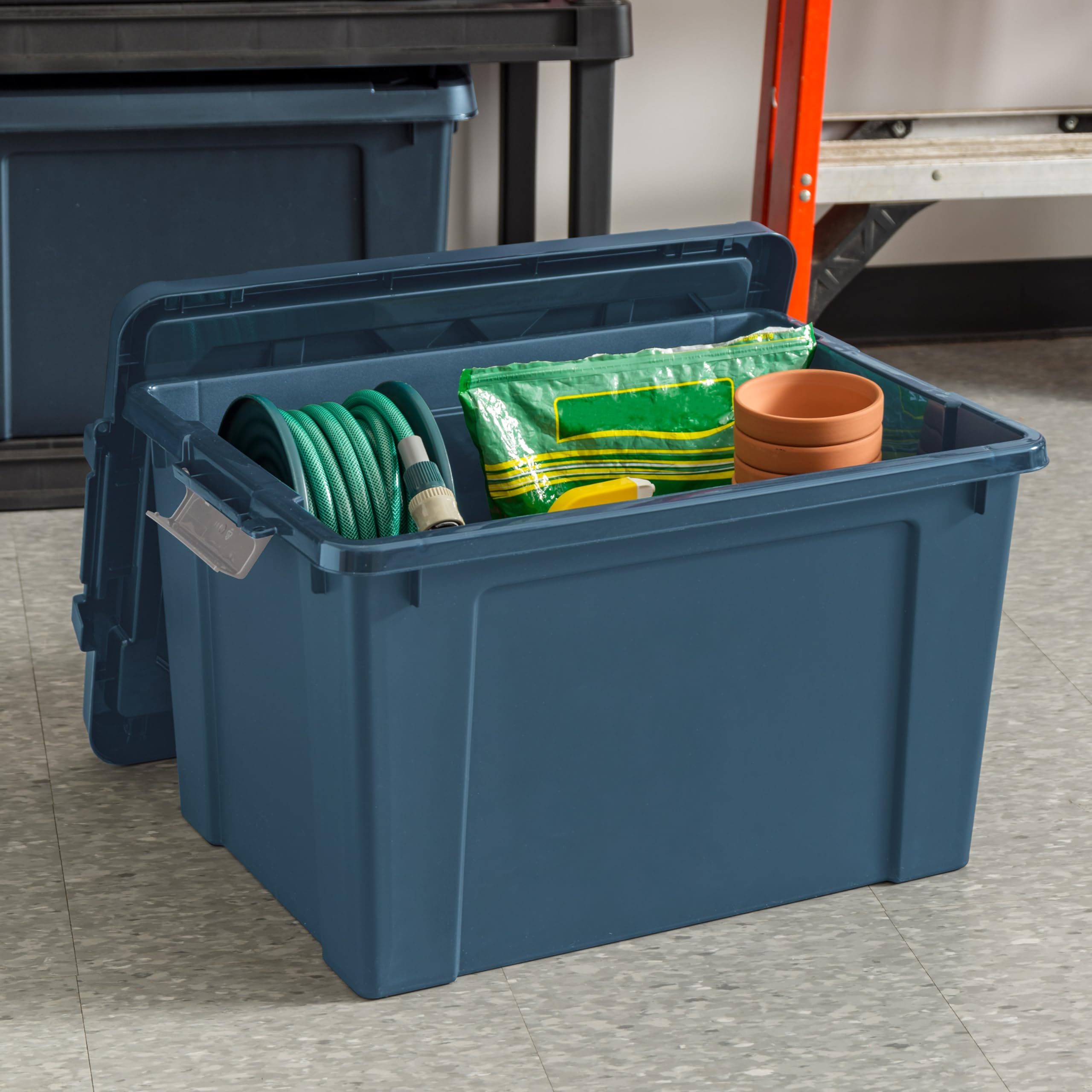 IRIS USA 20 Gallon Heavy Duty Stackable Storage Bins with Lids, 4-Pack Eco-Friendly Lockable Containers - Made in USA, Garage Organization, Moving Boxes, Equipment Storage - Navy Blue - Perfect for Home, Office, and Warehouse Organization