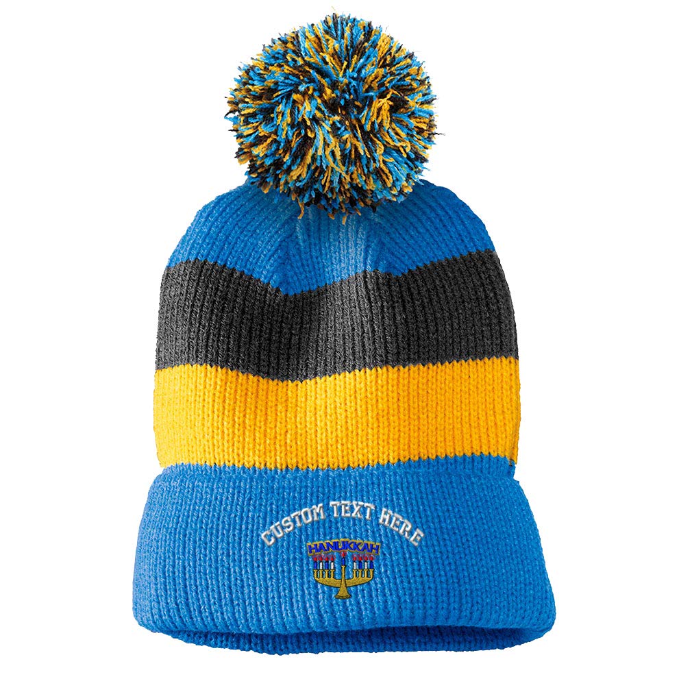 Custom Vintage Pom Pom Beanie - Hanukkah Embroidered Acrylic Skull Cap for Men & Women - Light Blue Stripes - Personalized Text - Winter Fashion & Holiday Gift