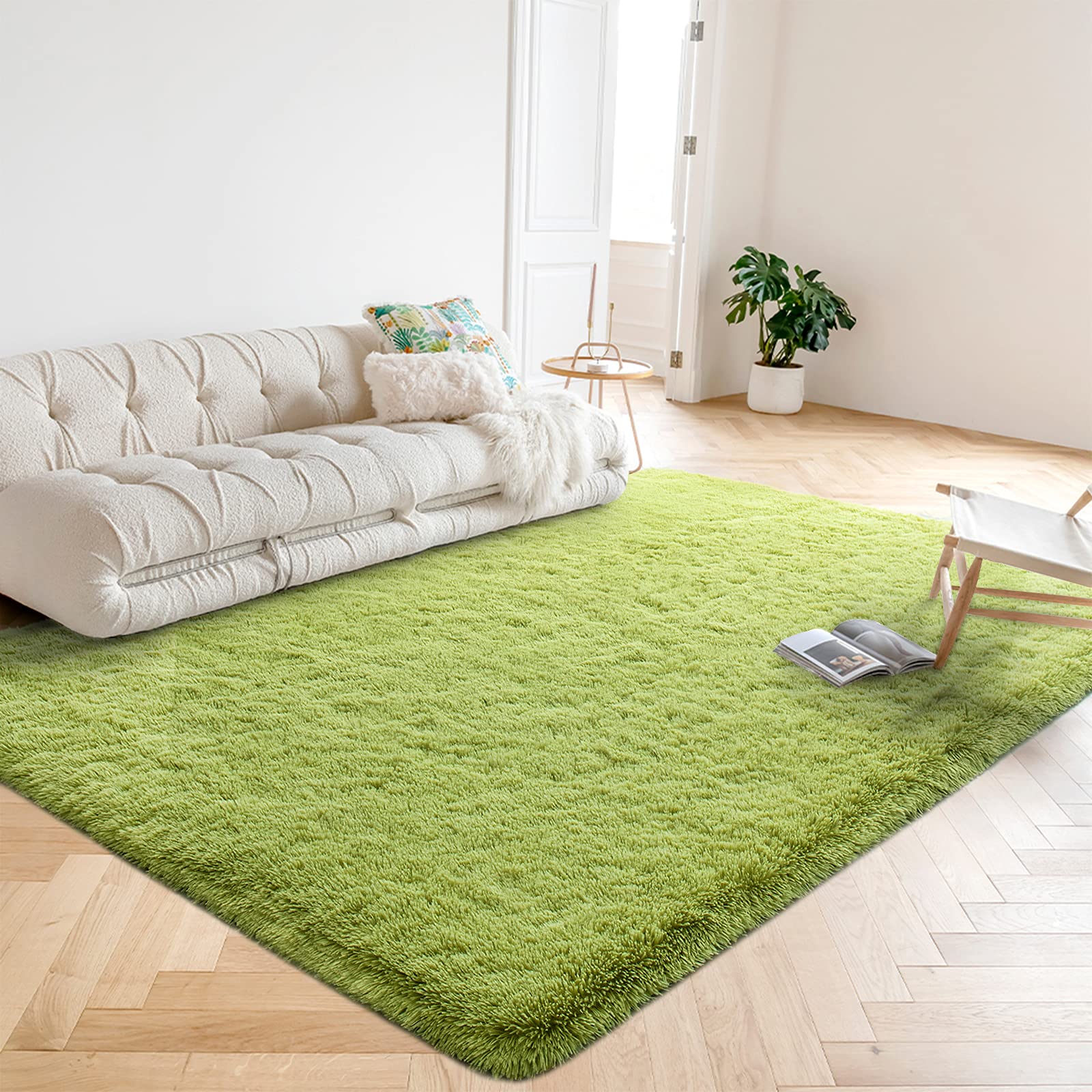 Junovo Ultra Soft Fluffy Shaggy Area Rug - 5.3x7.5ft Plush Carpet for Bedroom, Living Room, Nursery | Non-Slip Floor Mat for Kids, Girls, Boys & Baby | Home Decor Accent (Green) - Perfect for Cozy Spaces & Play Areas