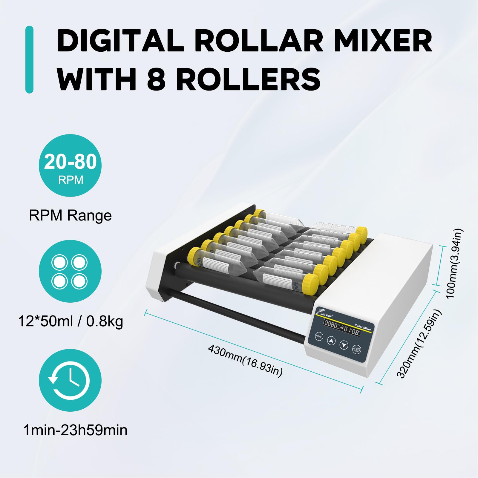 LAB FISH Digital Tube Roller Mixer - Adjustable Speed 20-80 RPM, 8 x 11