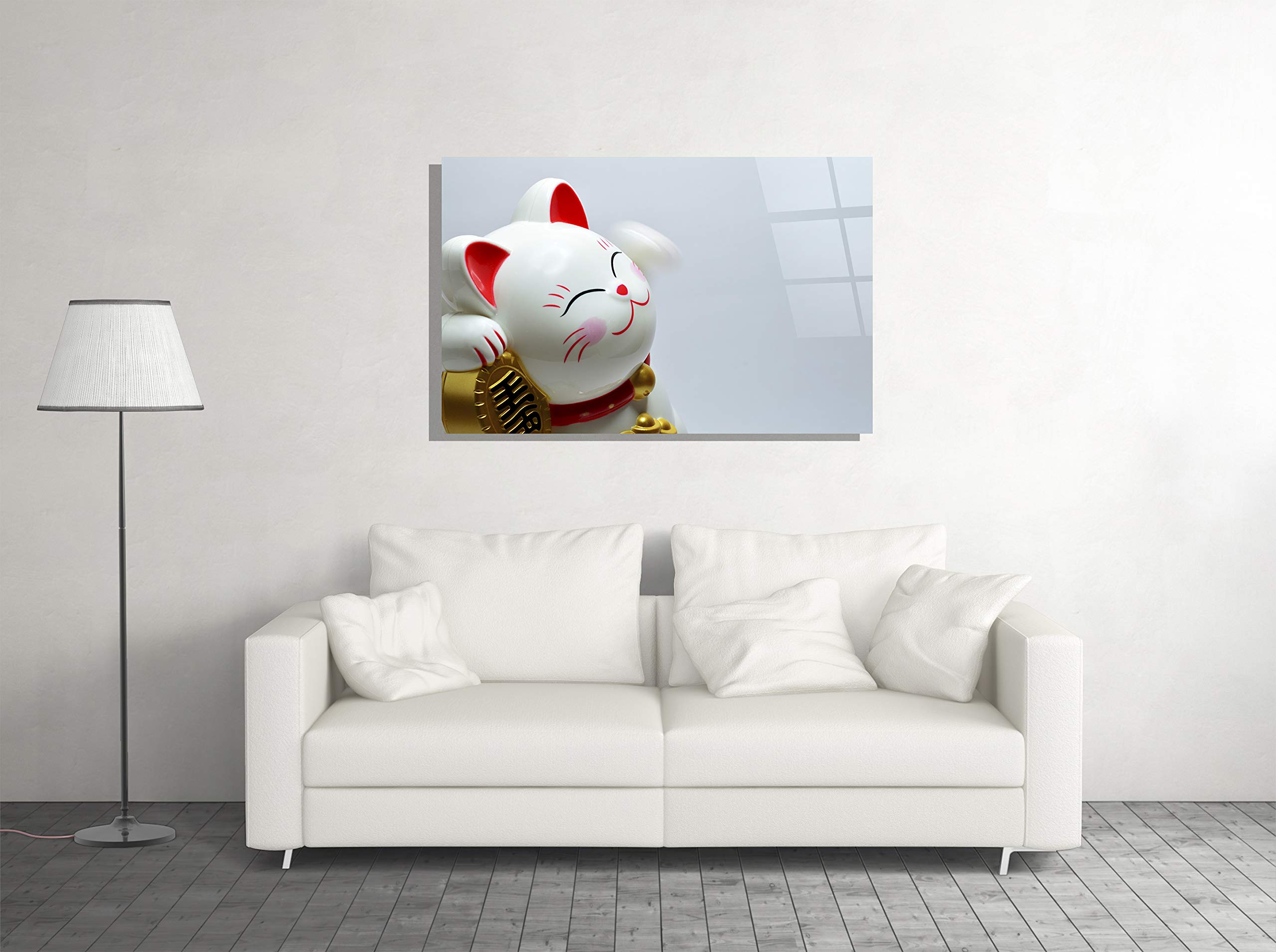 Maneki Neko Lucky Cat Statue - Japanese Fortune Talisman, Tempered Glass Wall Art for Home, Office & Hotel Decor - Modern Feng Shui Gift (24x36) - Perfect for Living Room, Bedroom, Reception & Japanese-Themed Spaces