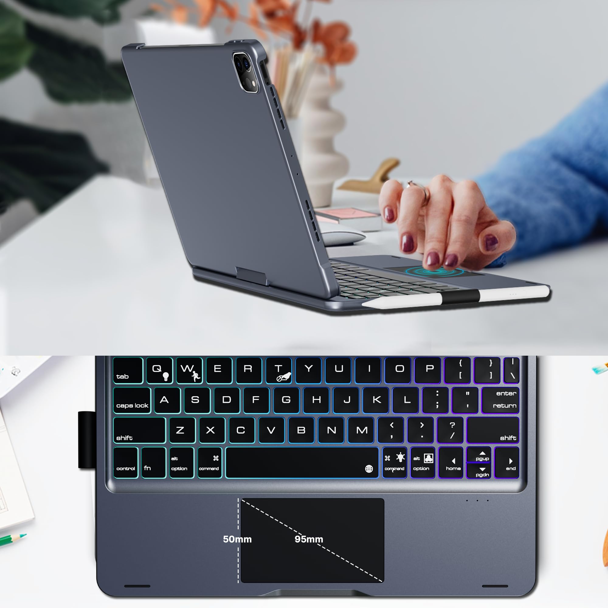 Swivel Keyboard Case for Apple iPad Air 11 inch (M3-M2) 2025 & iPad Air 5th/4th Gen & iPad Pro 11-inch (1st-4th Gen) - Rotatable Protective Cover with Apple Pencil Holder, Built-in Trackpad, Backlit Keys in Metallic Gray | Perfect for Work, Study & Travel