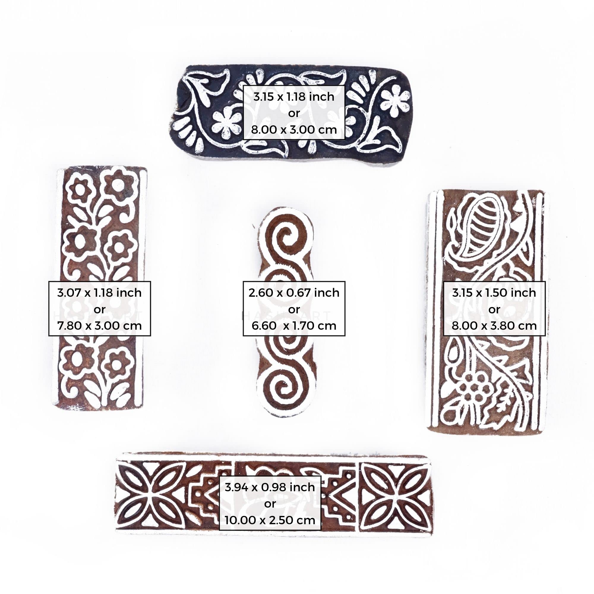 HASHCART® Wooden Mehndi Print Blocks - Set of 5 Hand Carved Indian Henna Stamps for Textile Printing, DIY Art Projects, Clay Pottery & Card Making - Stylish Border Patterns for Kids Crafts & Home Decor
