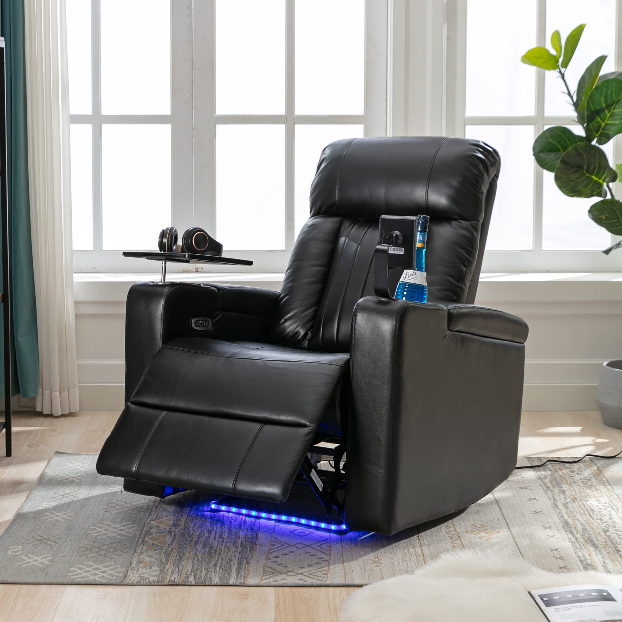 Merax Electric Recliner Chair with USB Charging Port, Hidden Arm Storage & Cup Holders - 360° Swivel Tray Table & Phone Stand - Home Theater Seating for Living Room, Bedroom & Office (Brown/Black)