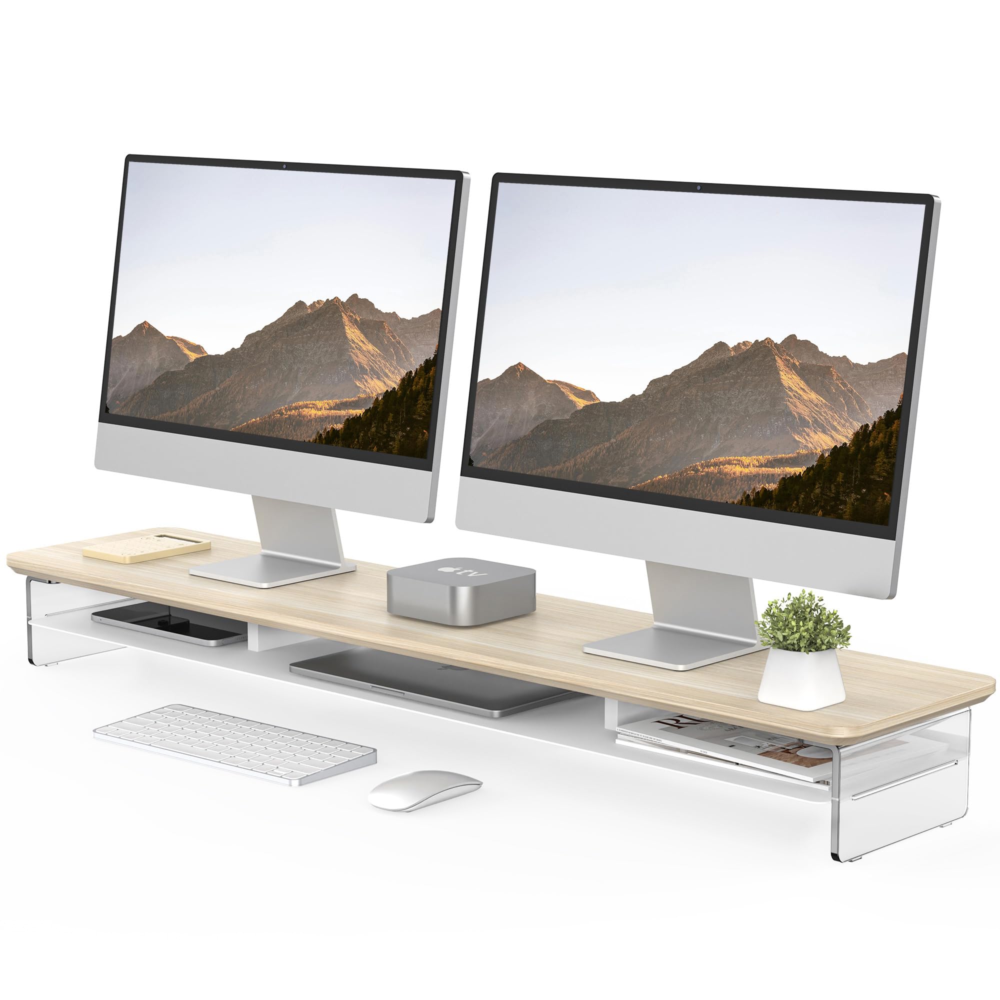 FENGE 42.5 Inch 2-Tier Acrylic Dual Monitor Stand Riser with Storage Organizer - Sturdy Desktop Shelf for Home Office, Computer Desk, Laptop, PC & TV - Perfect for Workspace Organization & Multi-Screen Setup (Oak Finish)
