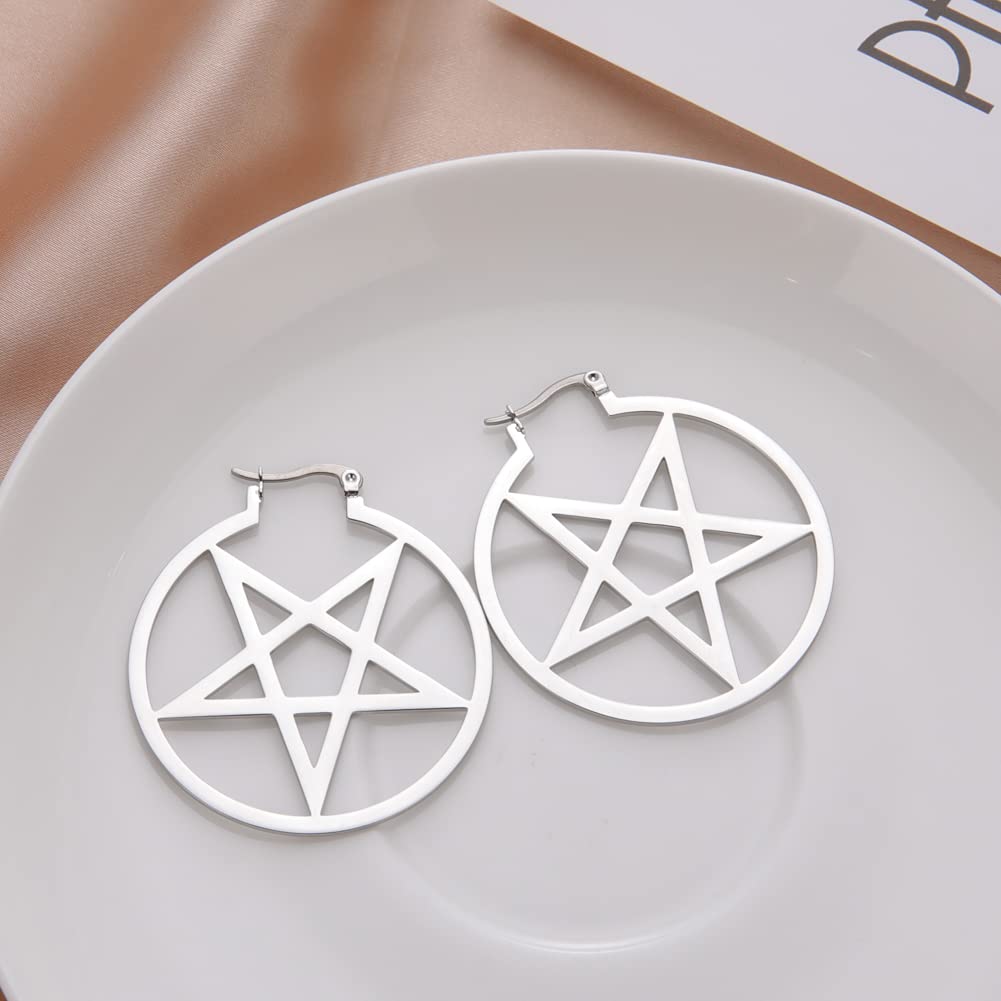 LIKGREAT Large Pentagram Earrings for Women - Pagan Wiccan Hoop Earrings with Pentacle Buckle - Gothic Witchy Jewelry for Halloween Parties, Rituals & Everyday Boho Style