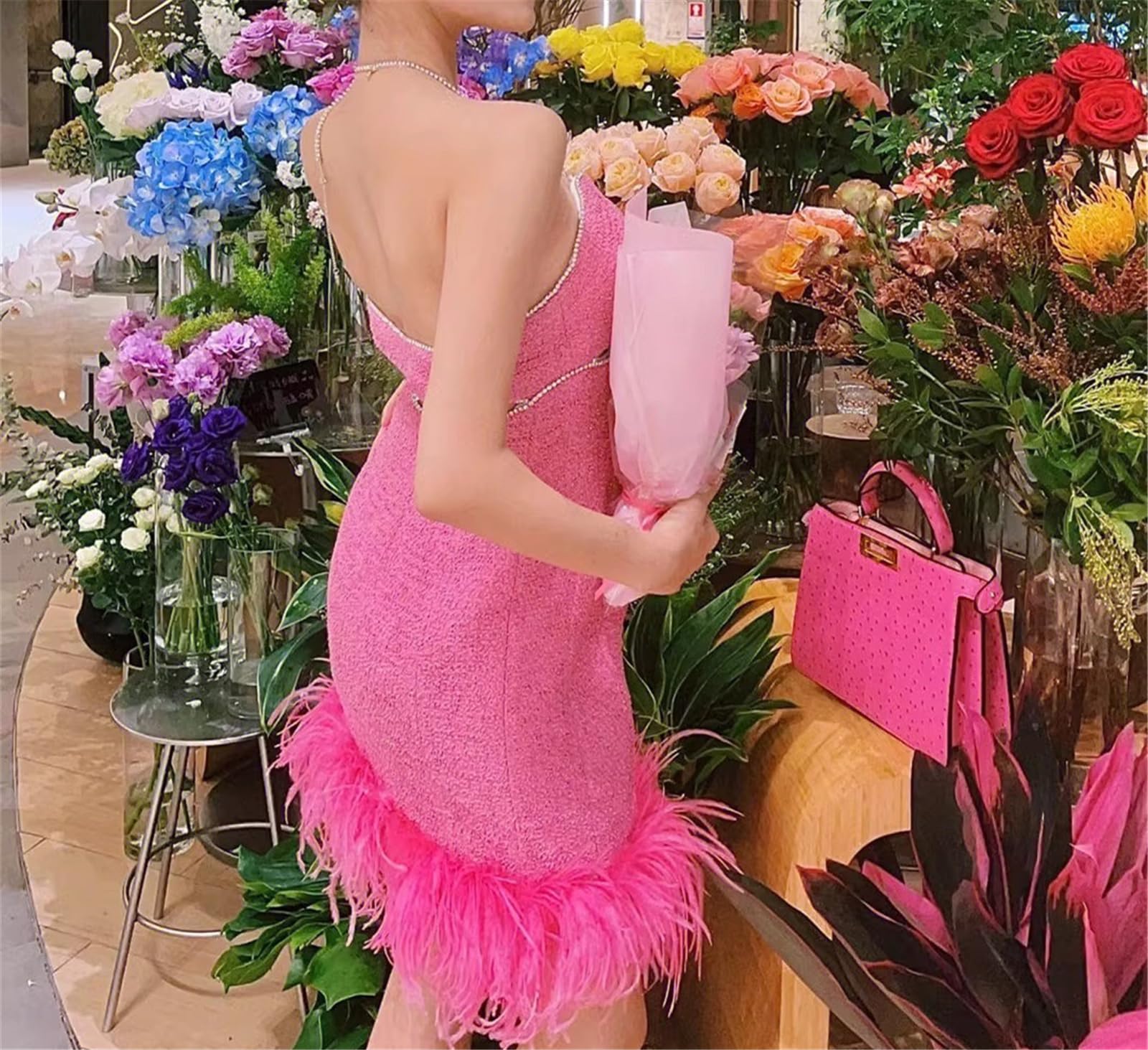 Luxury Women's Party Dress with Bling Diamonds & Ostrich Fur Trim - Elegant Pink Evening Gown for Birthday, Wedding & Special Occasions (Size 5XL, Pink) | Perfect for Prom, Cocktail Parties & Formal Events