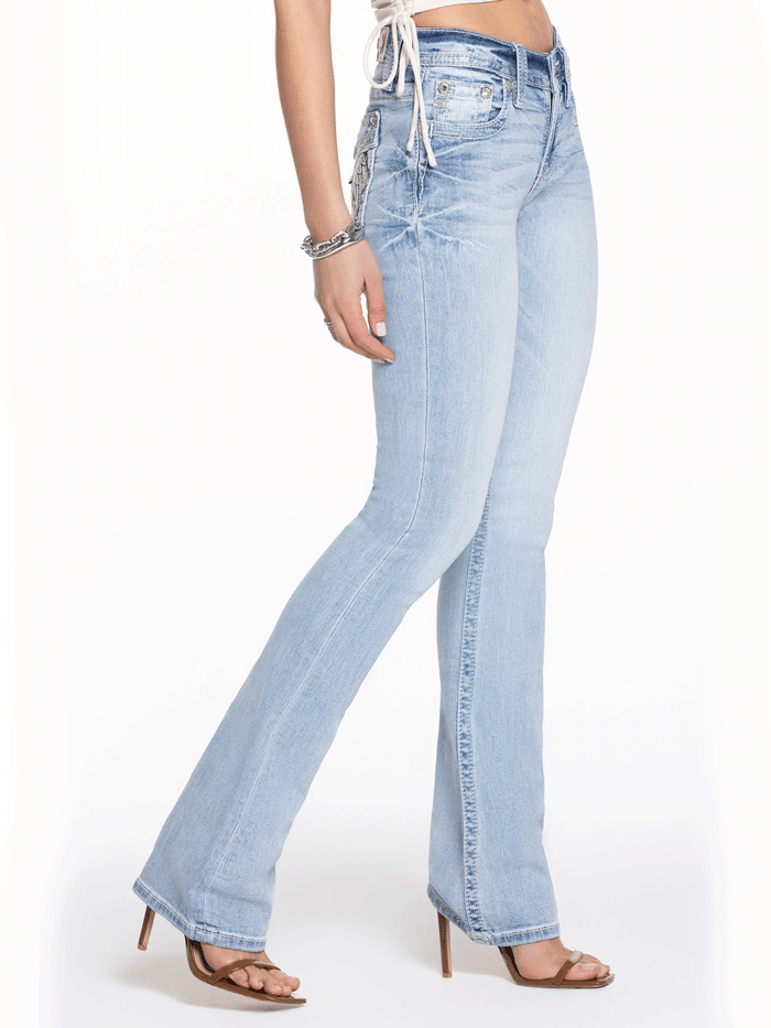 Miss Me M5082B190L Women's Niela Wing Mid Rise Bootcut Jeans - Light Wash Denim for Casual Wear & Everyday Comfort