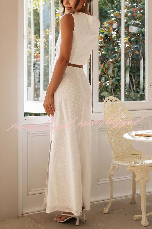 Elegant Solid Color Hollow Embroidery V-Neck Lace-Up Top & High Slit Maxi Skirt Set - Women's Summer Boho Outfit for Beach, Party & Date Night
