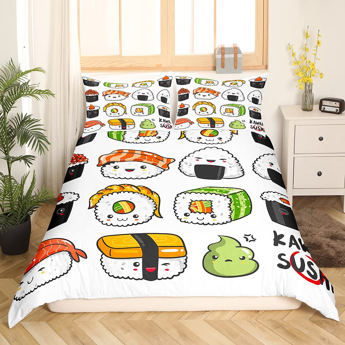Erosebridal Japanese Sushi Pattern Twin Bedding Set - Cute Cartoon Sushi Duvet Cover & Comforter Set for Kids, Boys, Girls, Teens - Japanese Style Food Themed Bedroom Decor for Anime Lovers & Sushi Fans