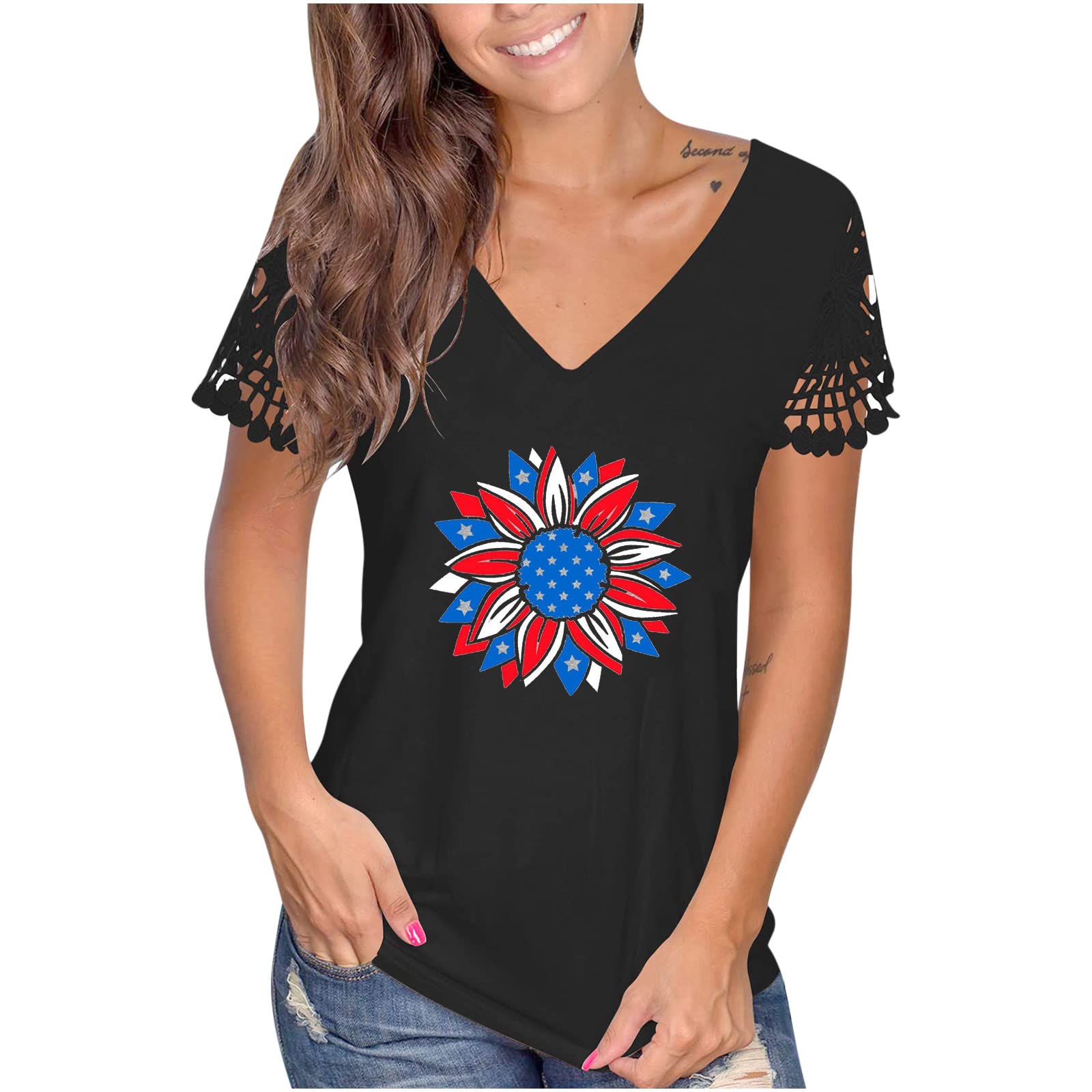 Women's 4th of July Short Sleeve V-Neck Lace T-Shirt - Patriotic Printed Workwear Top for Independence Day Celebrations & Office Uniform (XXL, Black)
