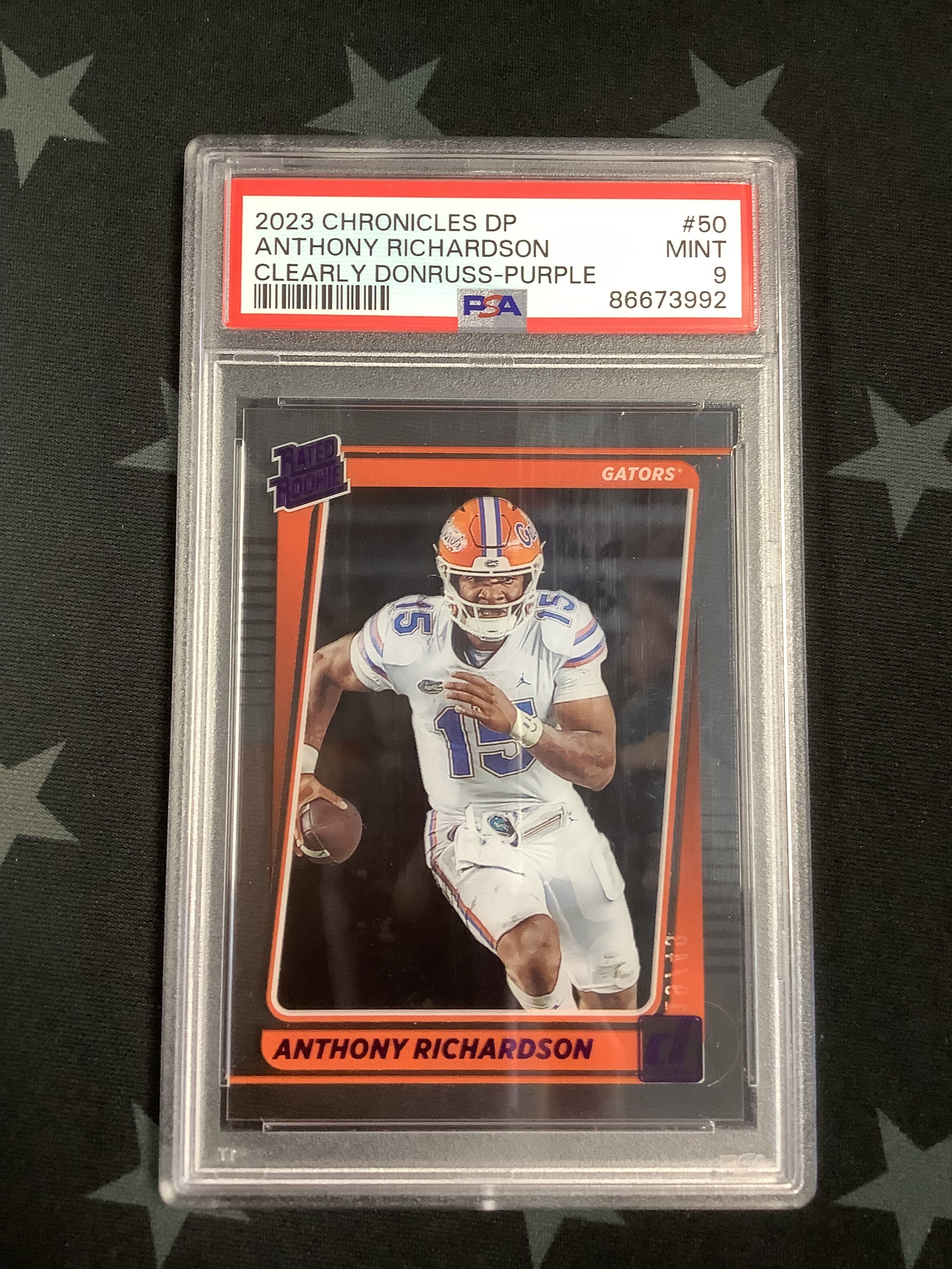 2023 Panini Chronicles Clearly Donruss Purple Anthony Richardson #50/49 PSA Mint 9 - Rare Football Trading Card for Collectors & Investors