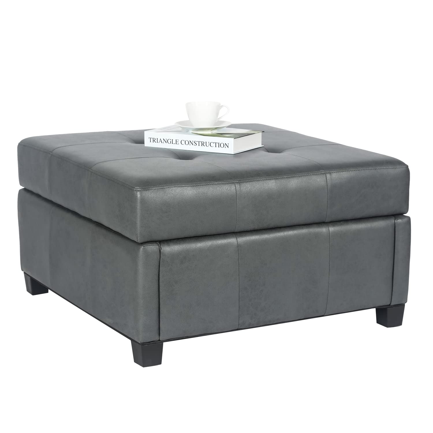 Adeco 28 Inch Tufted Storage Ottoman - Wide Square Coffee Table with Lift Top, Faux Leather Footstool with Sturdy Wood Legs (Gray) - Perfect for Living Room, Bedroom & Home Office Storage