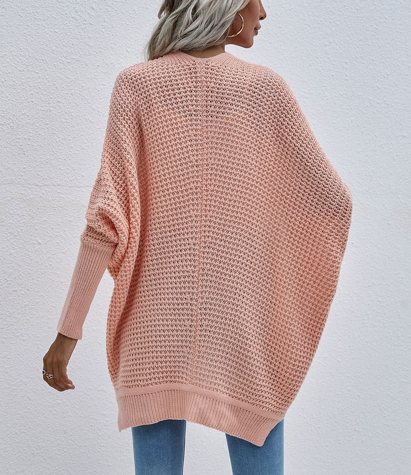 Women's Chunky Knit Waffle Cardigan - Ribbed Cuffs & Open Front Batwing Sweater - Long Sleeve Loose Casual Coat for Fall & Winter (Perfect for Coffee Dates, Office Wear & Cozy Evenings)