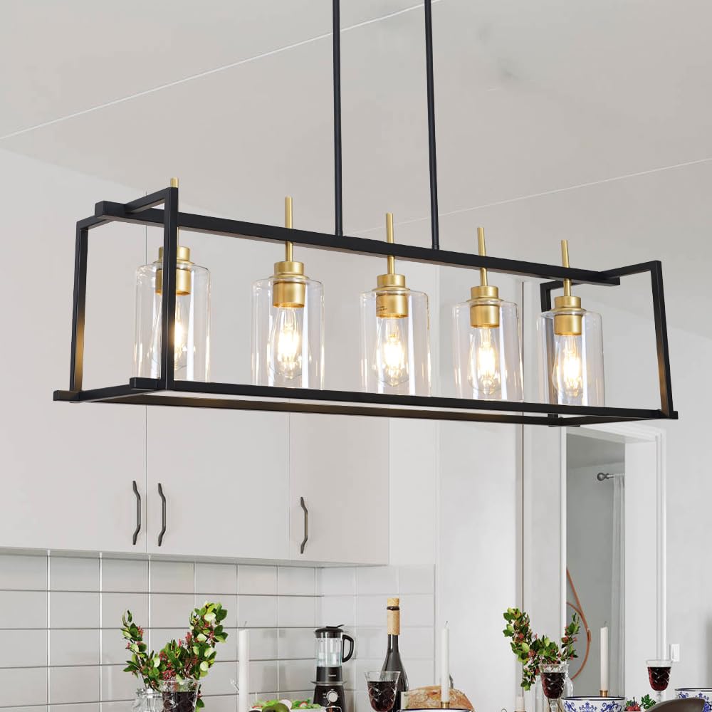 DSMJFU Farmhouse Chandelier - 5-Light Black & Gold Rustic Rectangular Pendant Light for Kitchen Island & Dining Room | Perfect Over Tables & Breakfast Bars | Creates Cozy Farmhouse Ambiance