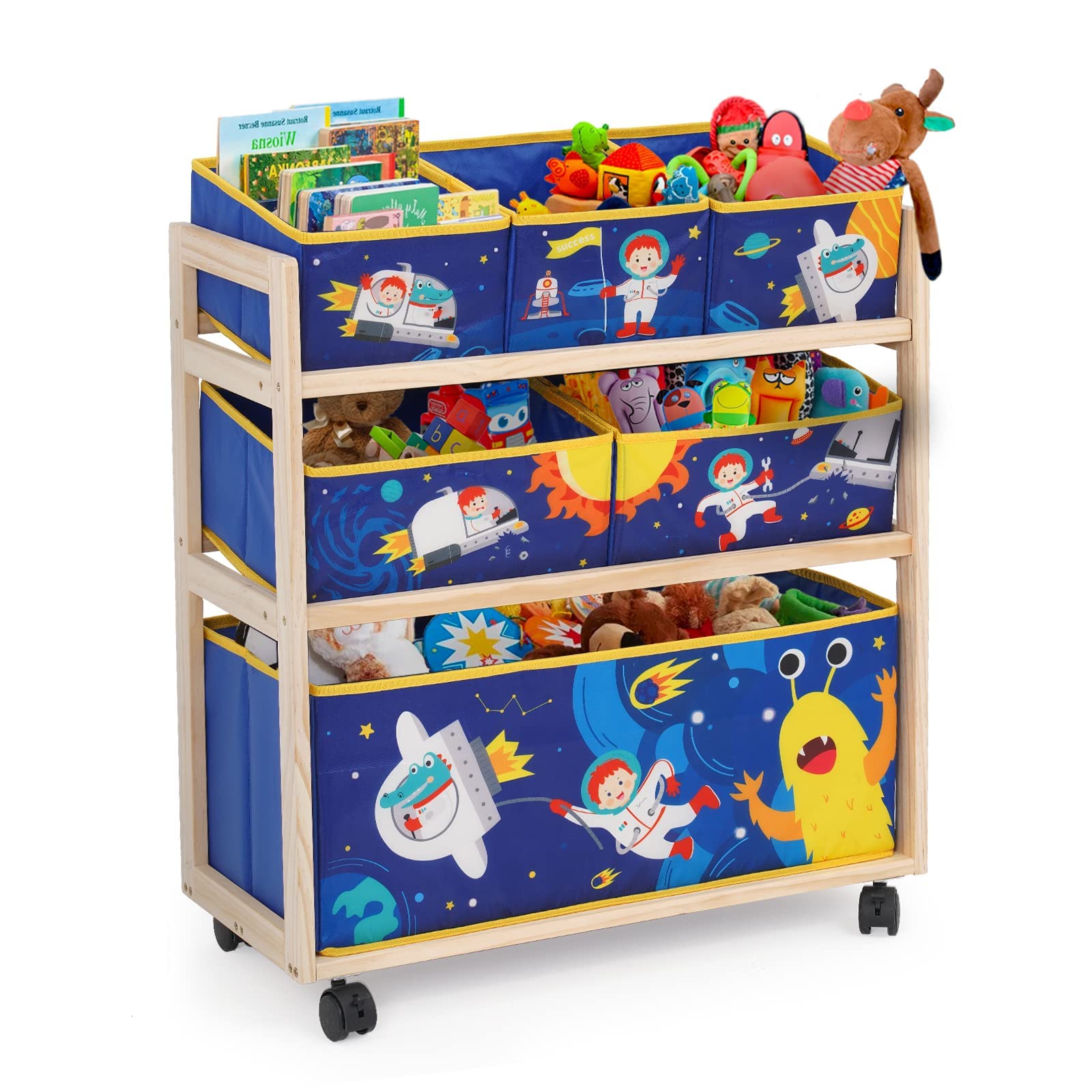 NUKied Toy Storage Organizer with Wheels | Kids Bookshelf, Multifunctional Storage Bin with 6 Baskets, High Capacity for Toys & Books | Perfect for Playroom, Bedroom, Living Room & Nursery Organization
