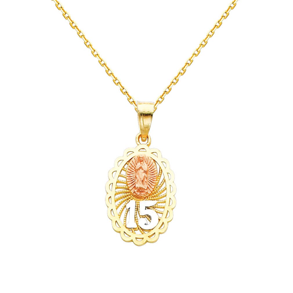 14K Tri-Color Gold 15 Años Pendant Necklace with 0.9mm Cable Chain - Elegant Jewelry Gift for Women, Perfect for Anniversaries, Birthdays & Special Occasions