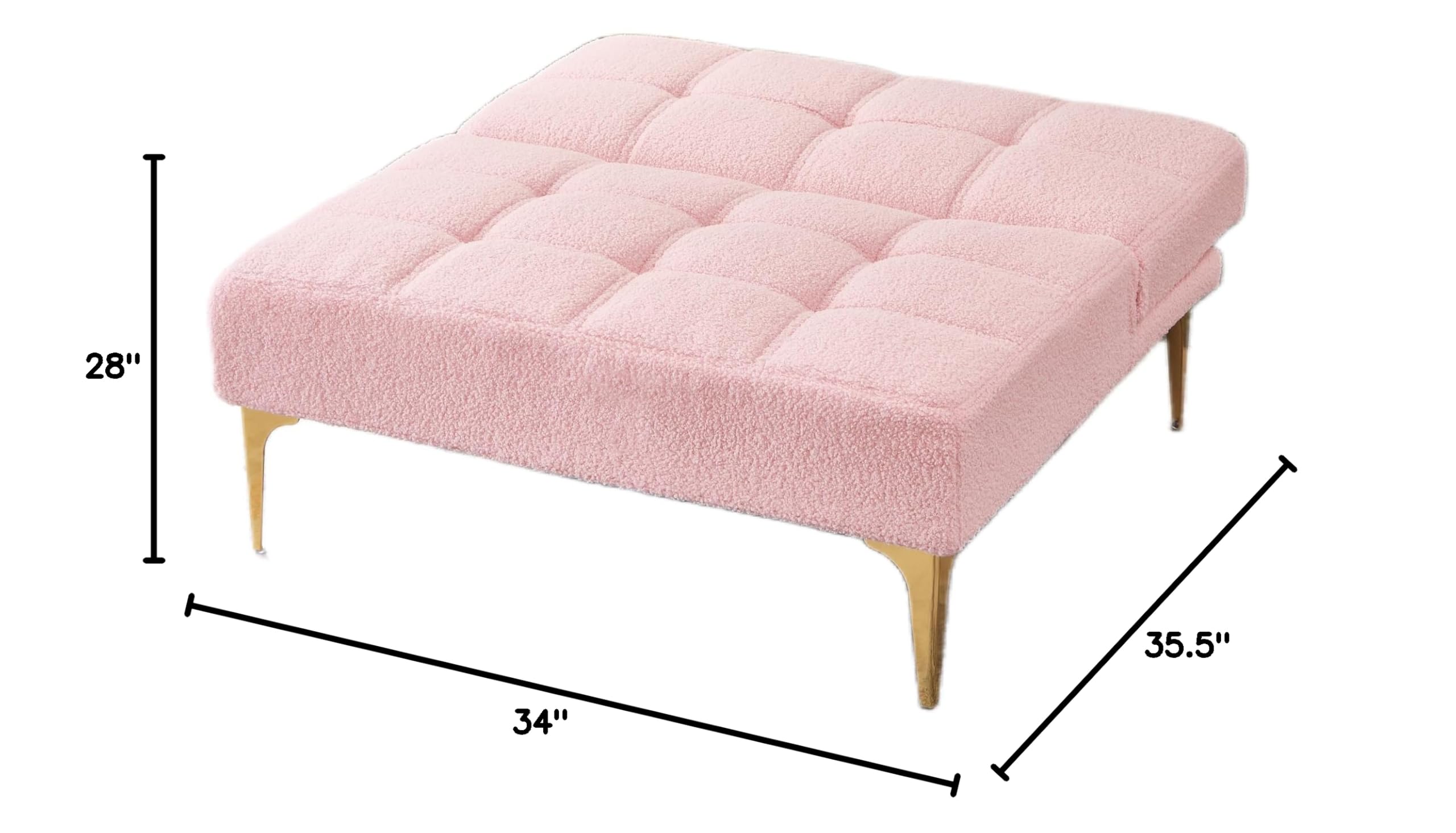 Polibi Modern Convertible Folding Sofa Bed with Adjustable Backrest - Pink Teddy Fabric Sofa Chair with Golden Legs & Toss Pillow - Perfect for Small Spaces, Guest Rooms, and Studio Apartments