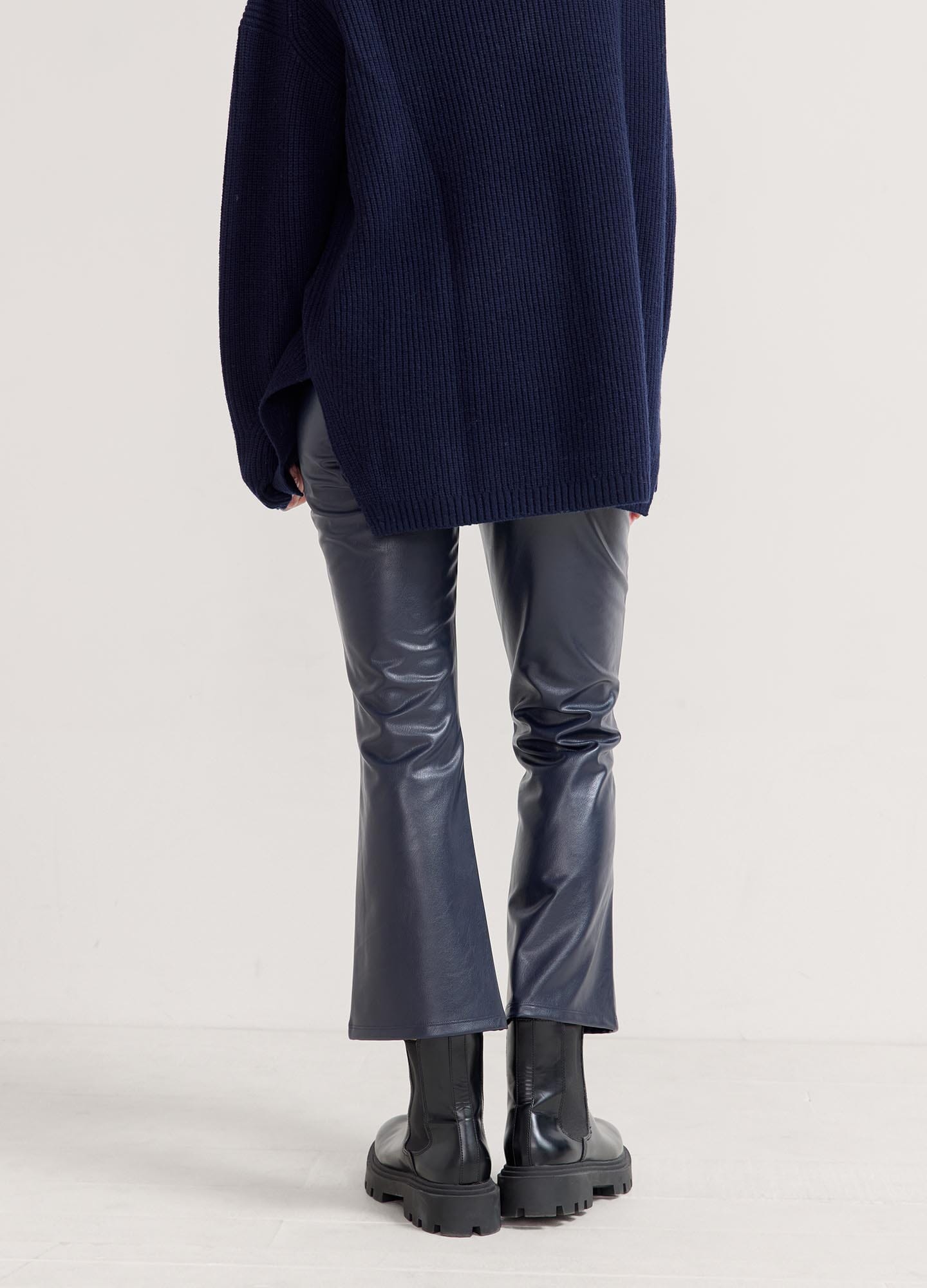 Vegan Stretch Leather Crop Flare Pants - Women's High Waisted Faux Leather Trousers for Casual & Party Wear