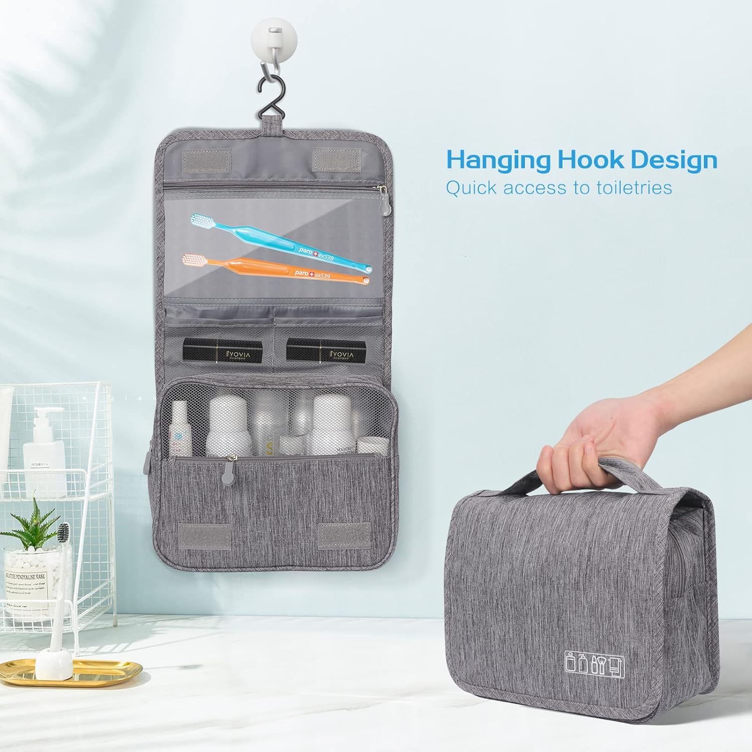 Anayo Hanging Travel Toiletry Bag - Waterproof Cosmetic & Makeup Organizer Pouch for Men & Women | Portable Shaving Kit, Brush Holder & Medicine Organizer | Perfect for Camping, Gym & Business Trips (Grey)