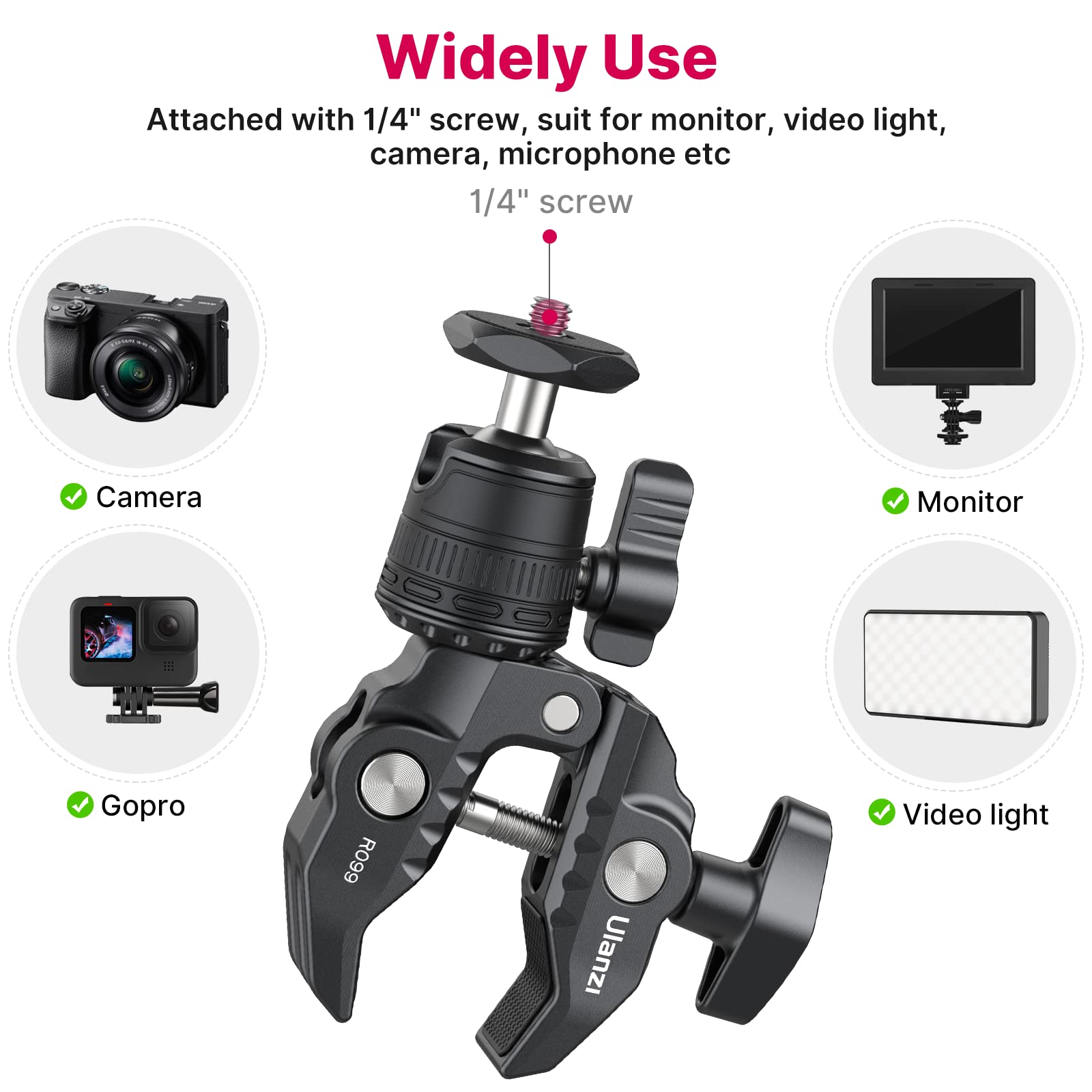 ULANZI R099 360° Ball Head Super Clamp Mount for Action Cameras - Compatible with AKASO, DJI Osmo, DSLR & Camera Monitors - Perfect for Bike, Motorcycle Handlebar & Vlogging Accessories