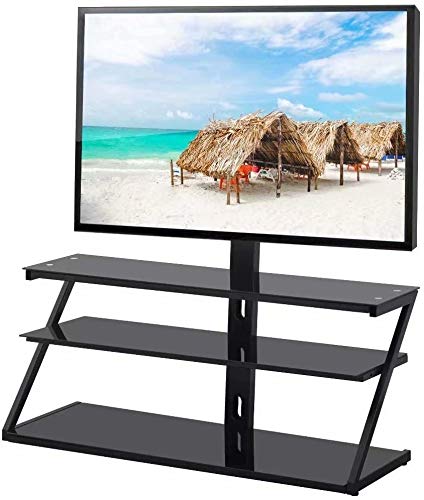 Universal TV Stand for 32-65 Inch TVs - Adjustable Height & Angle Tempered Glass TV Stand with 3-Tier Metal Frame - Perfect for Living Room, Bedroom & Home Theater Setup