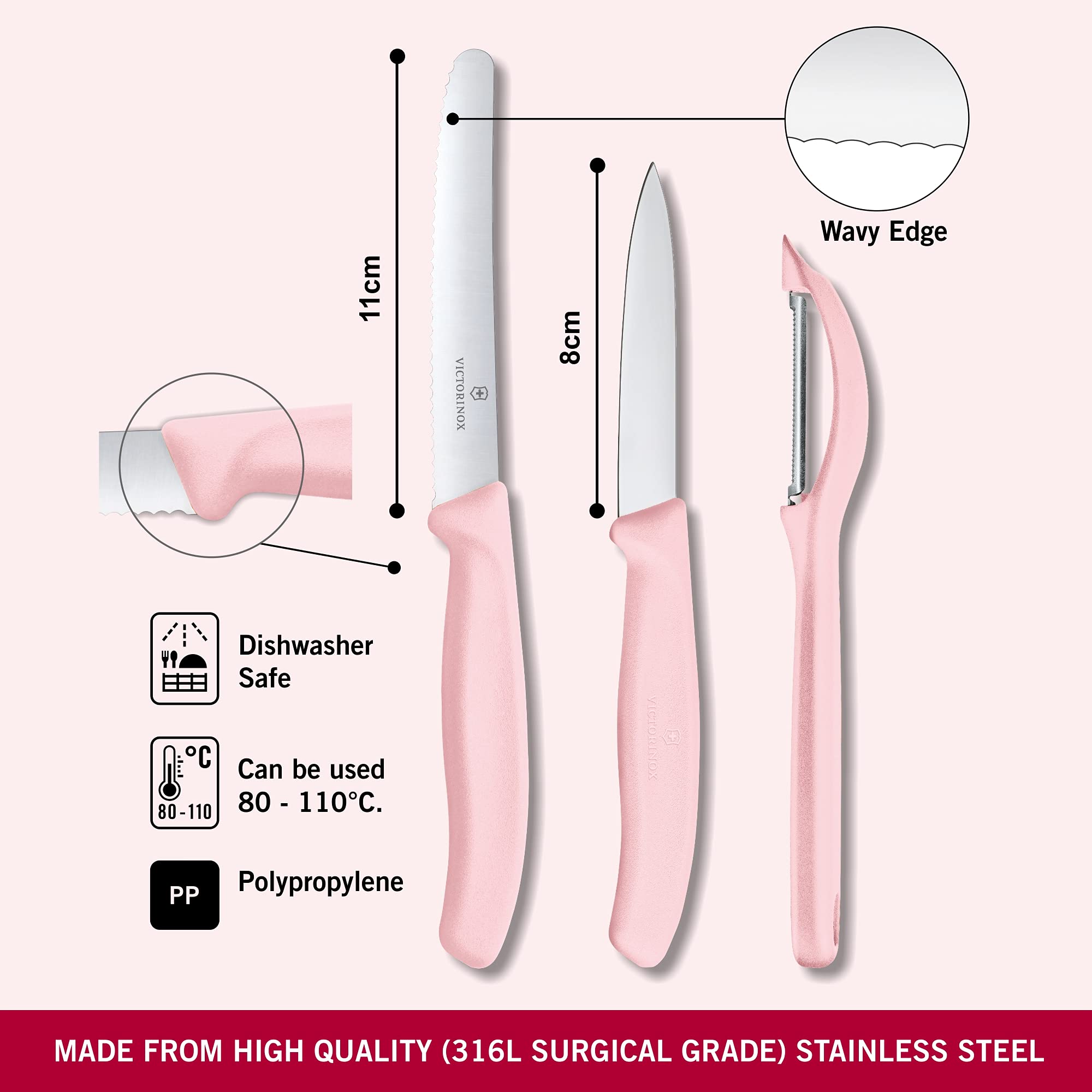 Victorinox 6.7116.31L52 3-Piece Kitchen Knife Set with Petty Knife & Vertical Peeler - Rose Color, Dishwasher Safe Swiss Classic - Perfect for Peeling Fruits, Chopping Vegetables & Food Prep