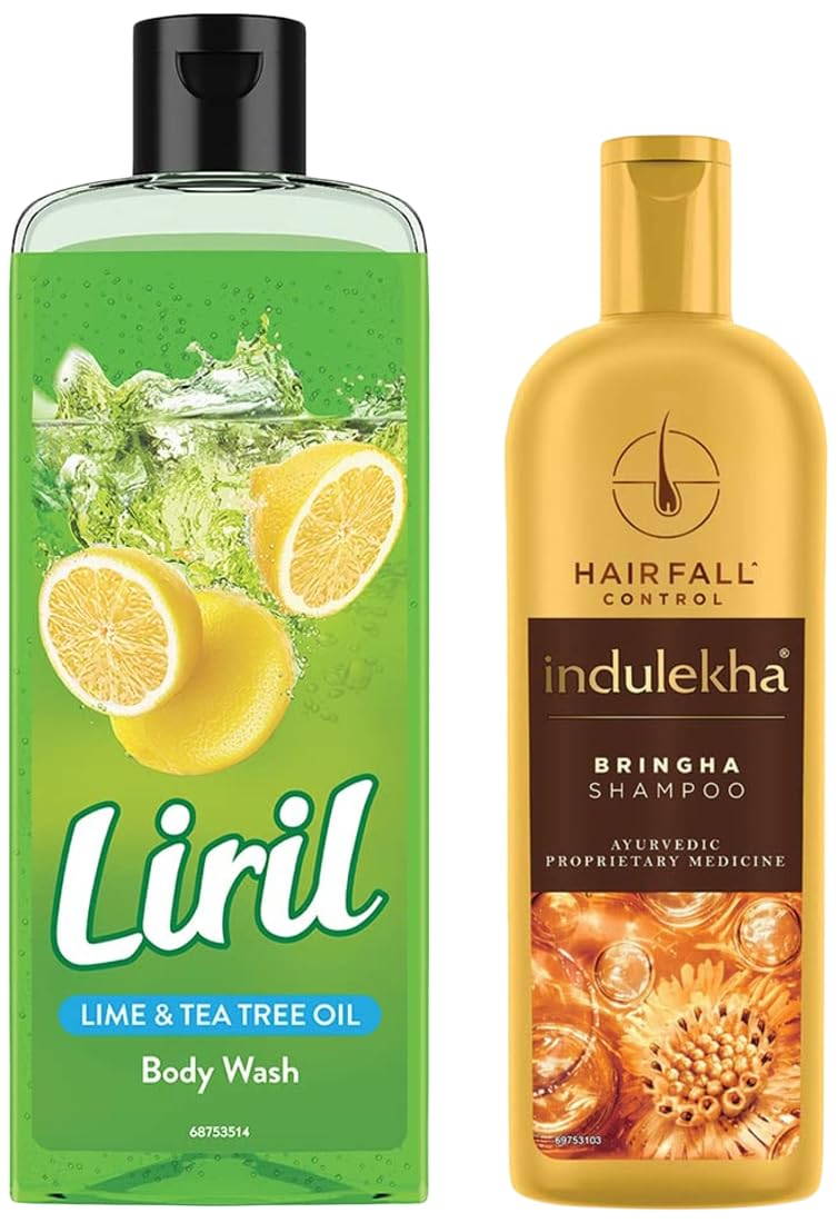 Indulekha Bringha Anti Hair Fall Shampoo 200ml & Liril Lemon Tea Tree Body Wash 250ml - Reduce Hair Loss & Refreshing Skin Care Combo for Daily Hair and Body Wash Routine