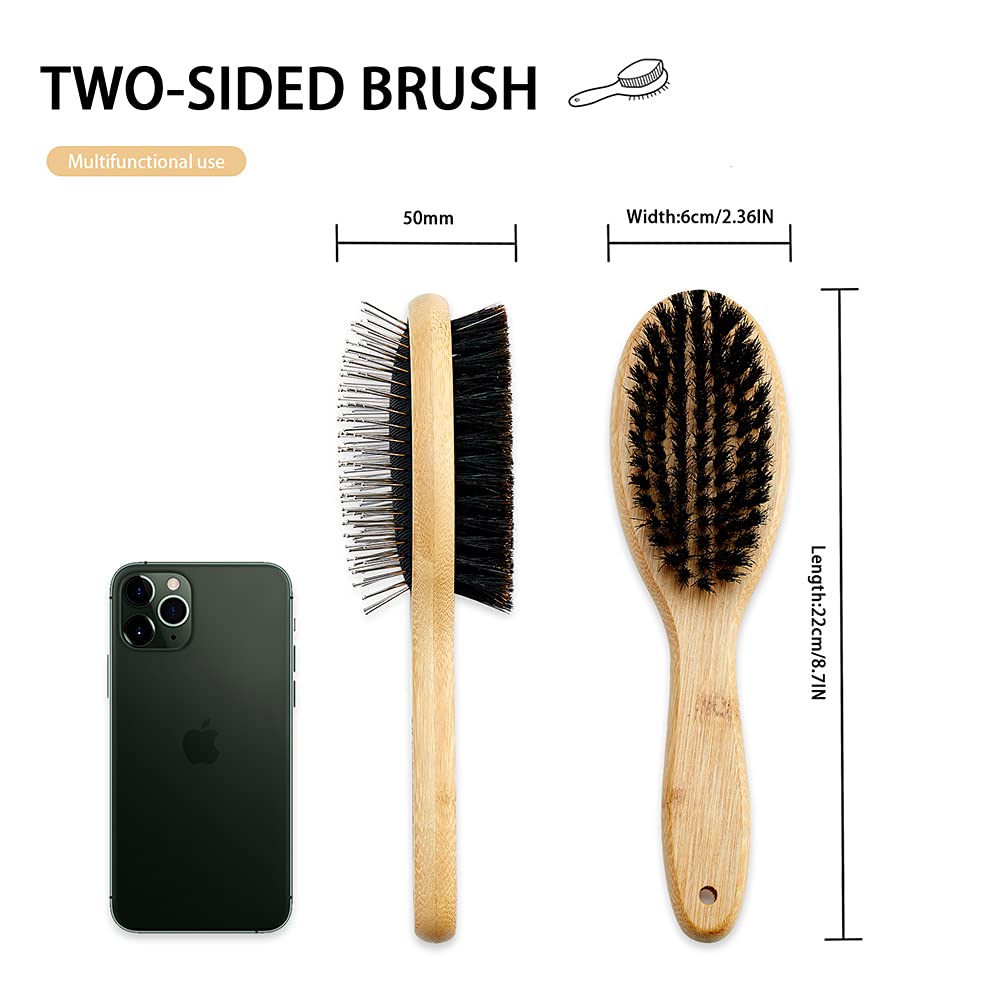 Vokiuler Double Sided Pet Brush - Boar Bristle & Pin Dog Brush for Grooming, Shedding Control for Long & Short Hair Cats & Dogs with Bamboo Handle (2 Pack, Black) - Perfect for Daily Brushing & Detangling at Home
