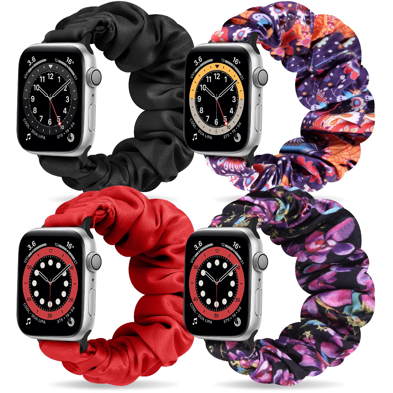 YCHDDER Scrunchie Watch Band for Apple Watch 38mm 40mm 41mm 42mm 44mm 45mm 49mm - Soft Elastic Replacement Strap Compatible with iWatch Series SE/8/7/6/5/4/3/2/1 - 4 Pack Fashionable Wristbands for Women & Girls - Perfect for Workouts, Yoga, Running and Everyday Wear
