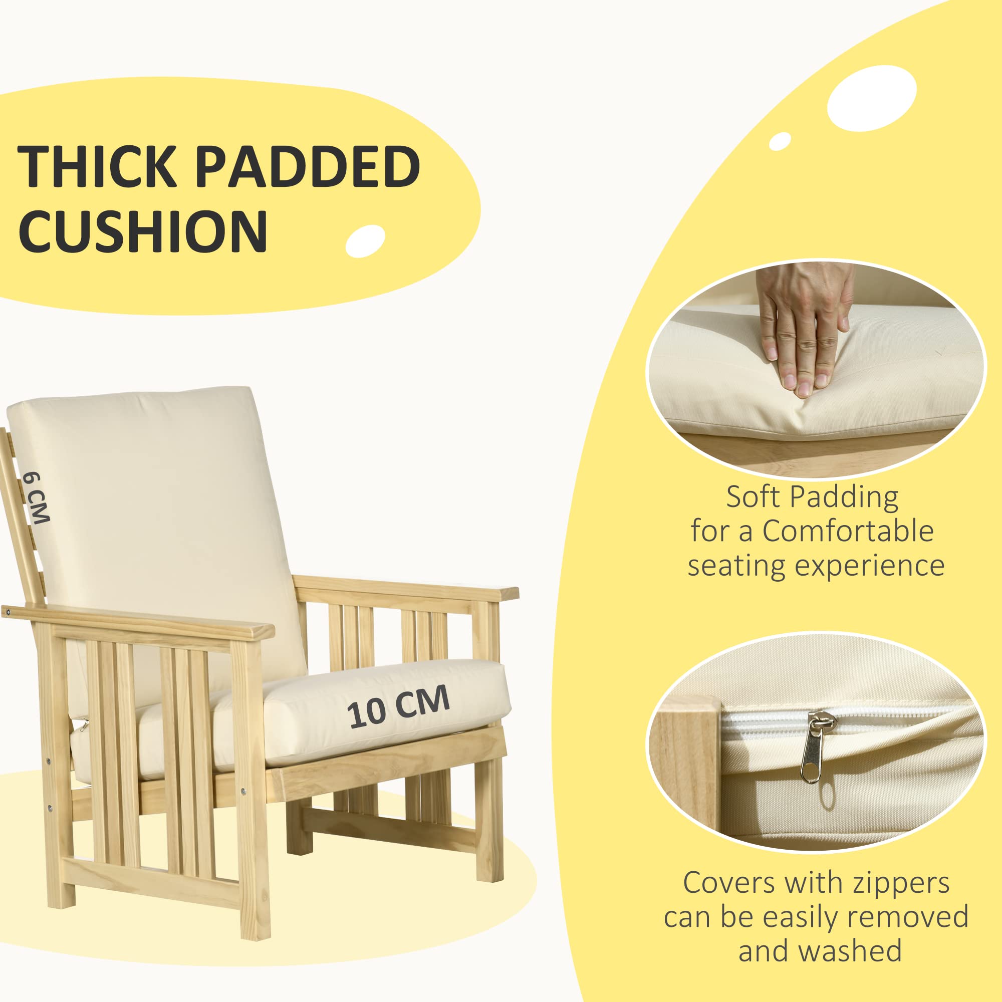 Outsunny 2-Piece Wood Patio Furniture Set with Ottoman - Beige Cushioned Outdoor Lounge Chairs & Footrest for Backyard, Poolside, Garden Relaxation