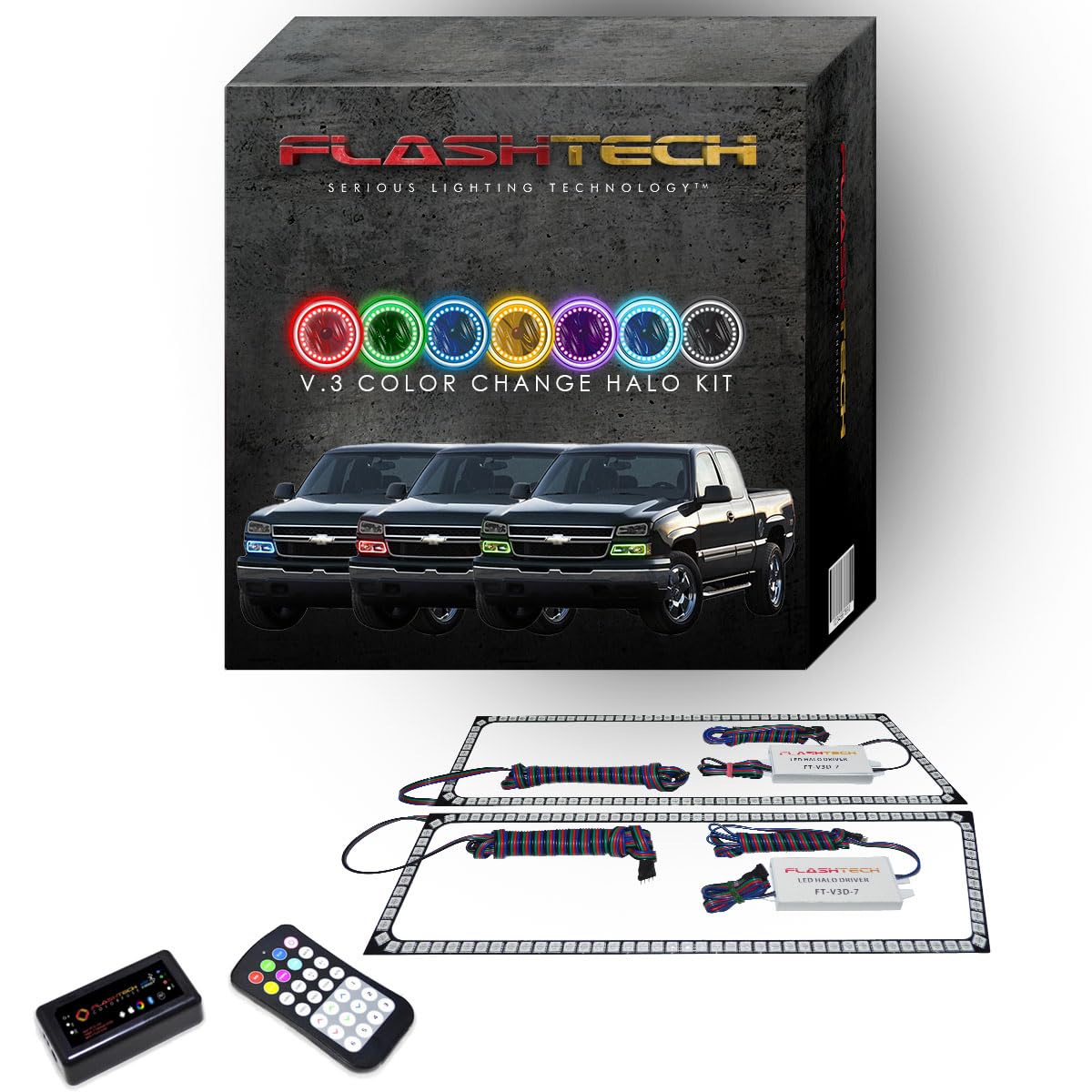 Flashtech LED RGB Multi-Color Halo Ring Headlight Kit with Bluetooth RF Remote & App Control - Compatible with Chevrolet Silverado 2003-2006 - Upgrade Your Truck Lighting for Night Driving & Custom Styling