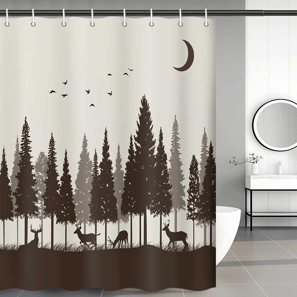 Rustic Deer Forest Shower Curtain Set with Hooks - Brown 47x64 Inches - Cabin Lodge Wildlife Animal Woodland Hunting Bathroom Decor for Rustic, Hunting Cabin or Nature-Themed Bathrooms