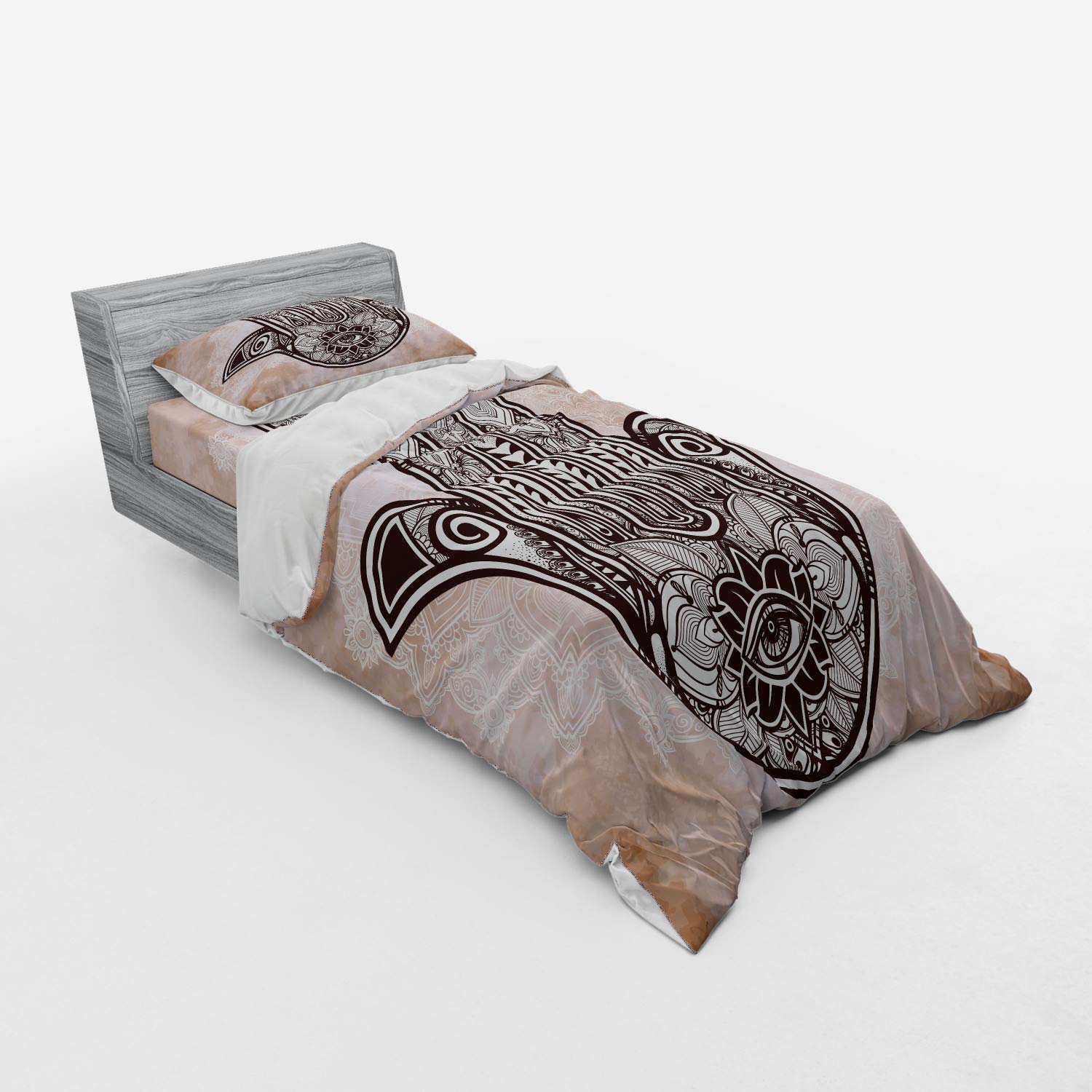 Ambesonne Hamsa Duvet Cover Set - Grunge Style Mandala with Evil Eye Design, Mystic Eastern Art 3-Piece Bedding Set (Twin Size, Brown & Cream) for Bohemian & Oriental Style Bedrooms