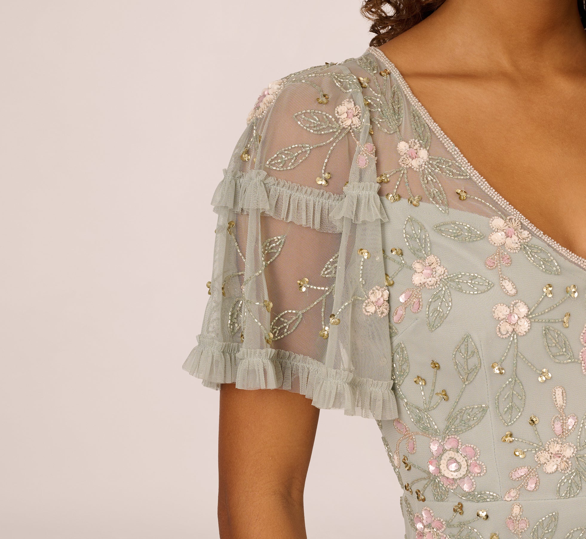 Elegant Beaded Midi Dress with Sheer Ruffled Sleeves in Frosted Sage - Perfect for Weddings, Parties & Special Occasions