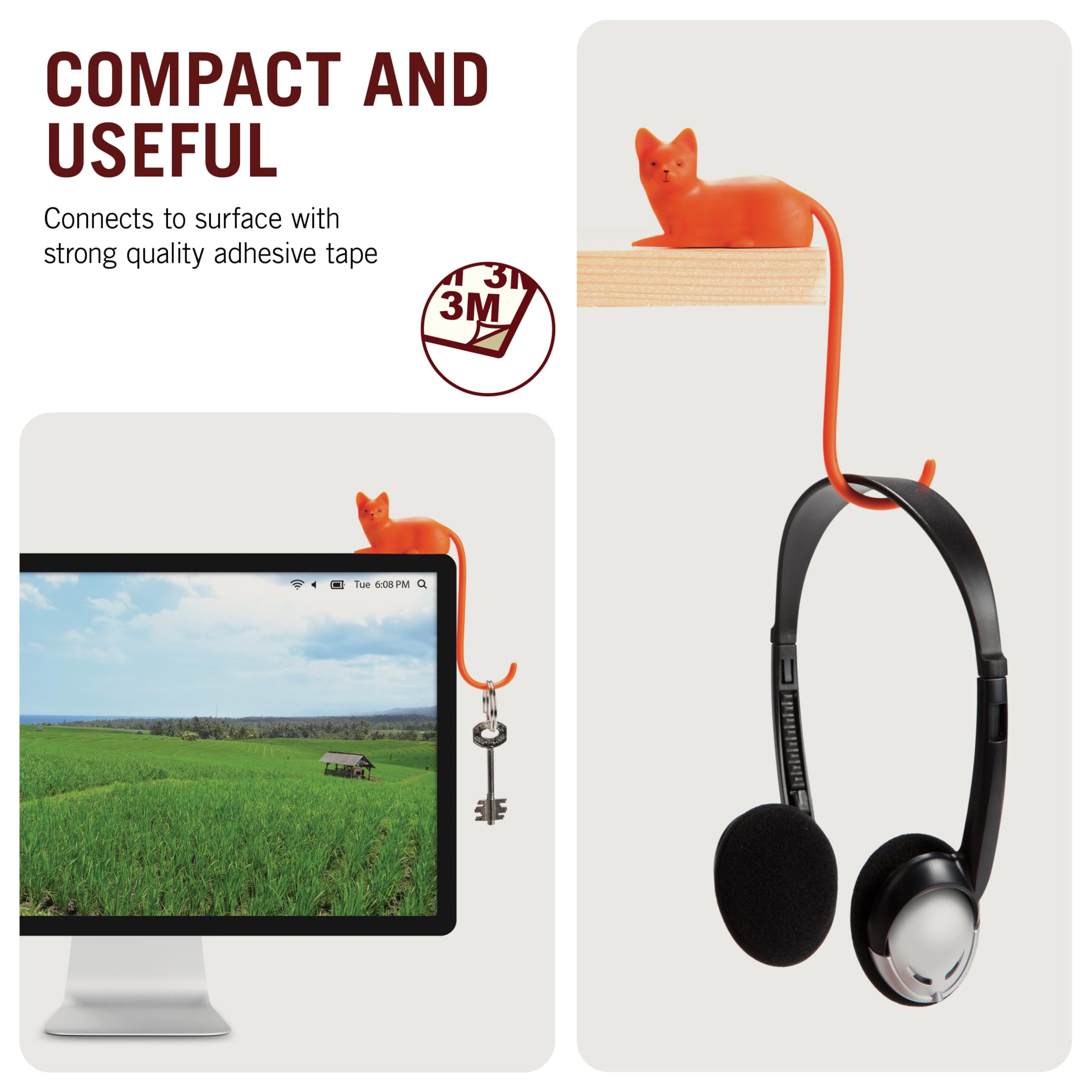 Monkey Business Ginger Cat Tail Hook - Adhesive Desk Organizer for Headphones, Keys, Cables & Accessories | Space-Saving Computer Screen & Workspace Decoration