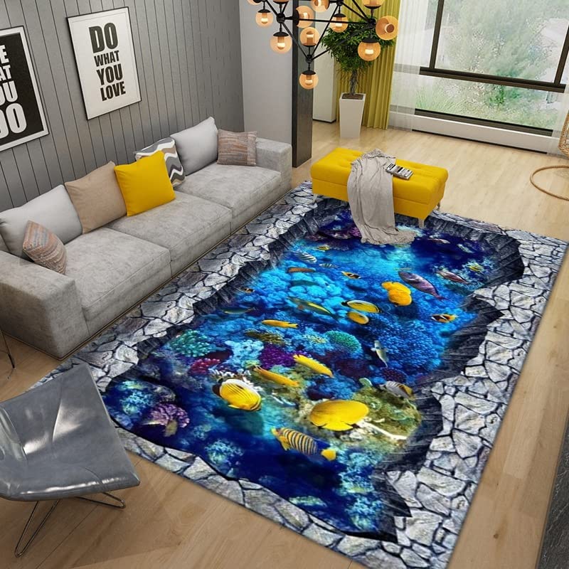 3D Ocean Fish Area Rug - Sea Animal Throw Carpet with Optical Illusion Design, Marine Life Floor Mat for Kids Bedroom & Living Room (79x63 inches) - Perfect for Playrooms, Nursery Decor, and Coastal Themed Home Interiors