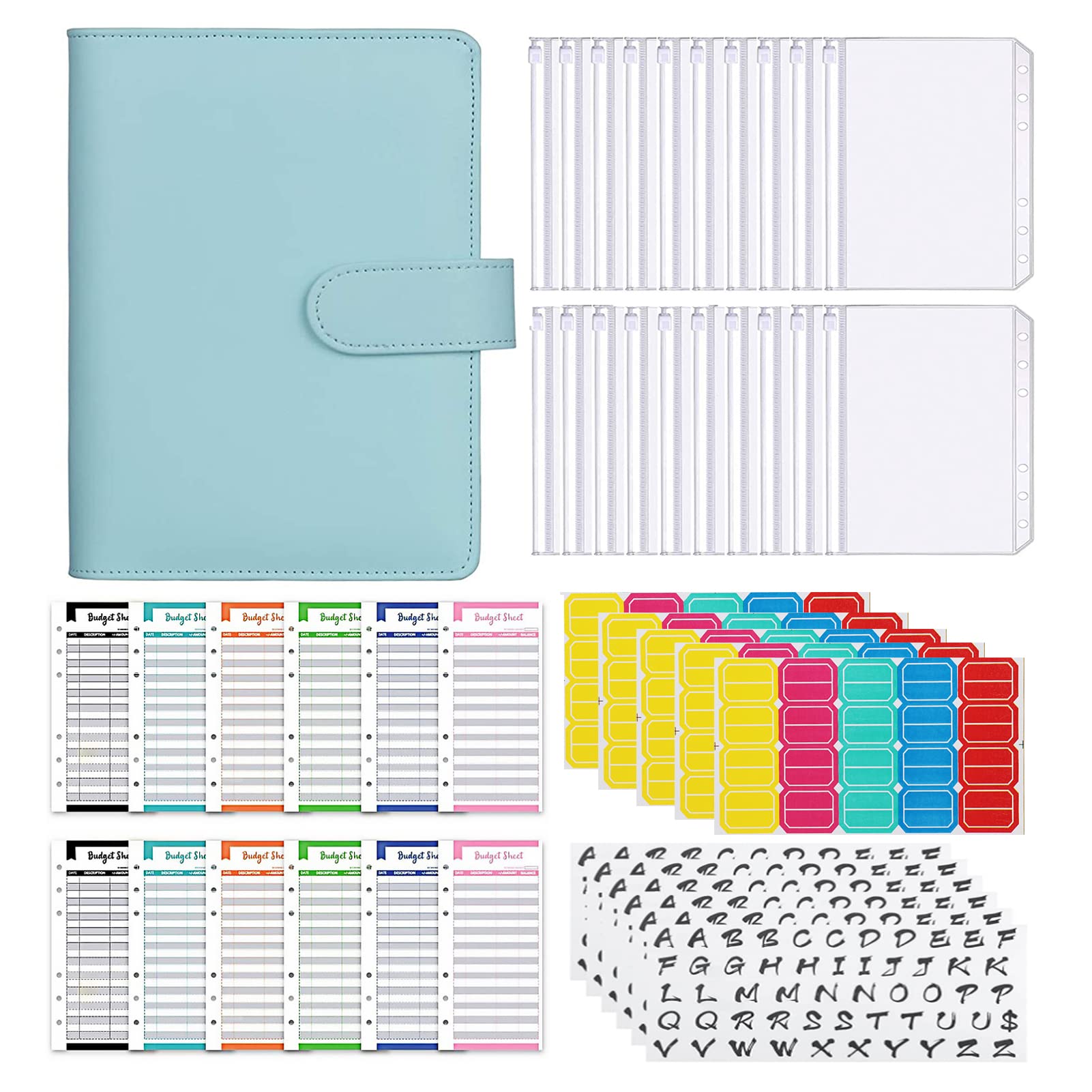 Premium A6 PU Leather 6-Ring Binder Cover - Budget Planner Notebook with 15 Pockets, 12 Expense Sheets, 5 Category Stickers & 5 Colored Labels (Blue) - Perfect for Office Organization, School Supplies & Personal Finance Tracking