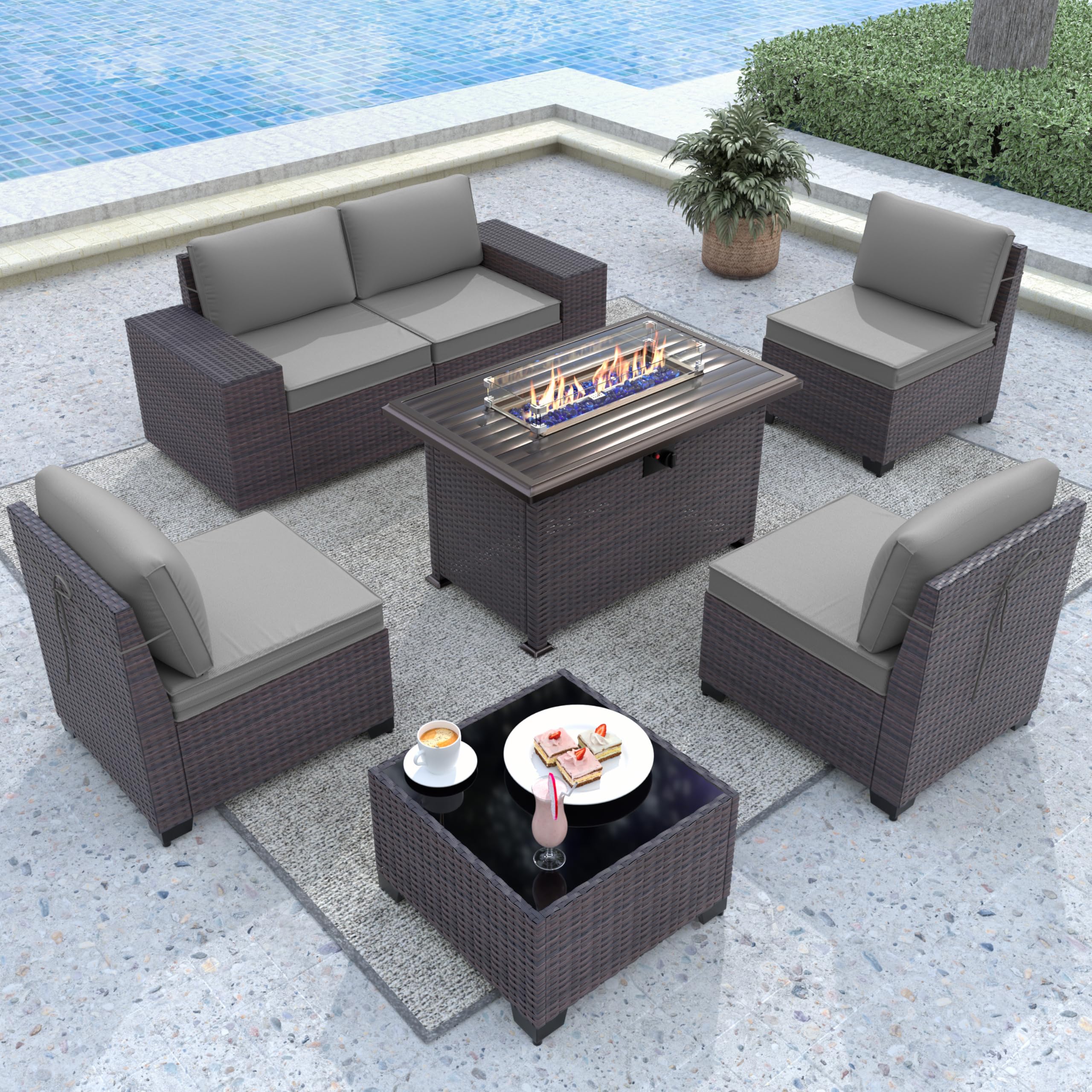 Gotland 7-Piece Outdoor Patio Furniture Set with 43-inch Gas Fire Pit Table - 55,000 BTU Auto-Ignition Sectional Sofa Set with Glass Wind Guard - Perfect for Backyard, Garden, and Poolside Relaxation