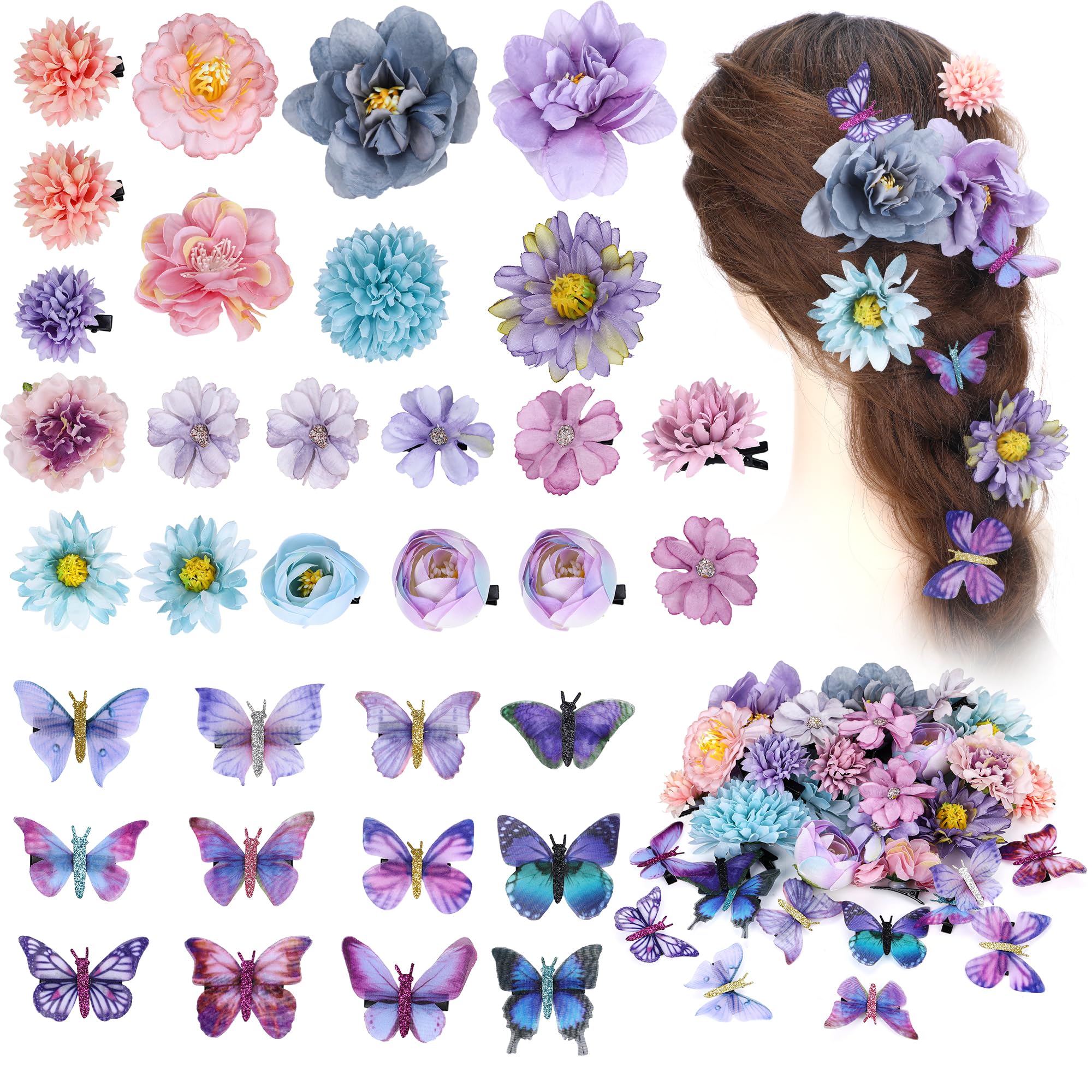 33Pcs Handmade Rose Flower Hair Clips with Butterfly Barrettes - Blue & Purple Wedding Bridal Hair Accessories for Women & Girls | Perfect for Weddings, Parties & Everyday Styling