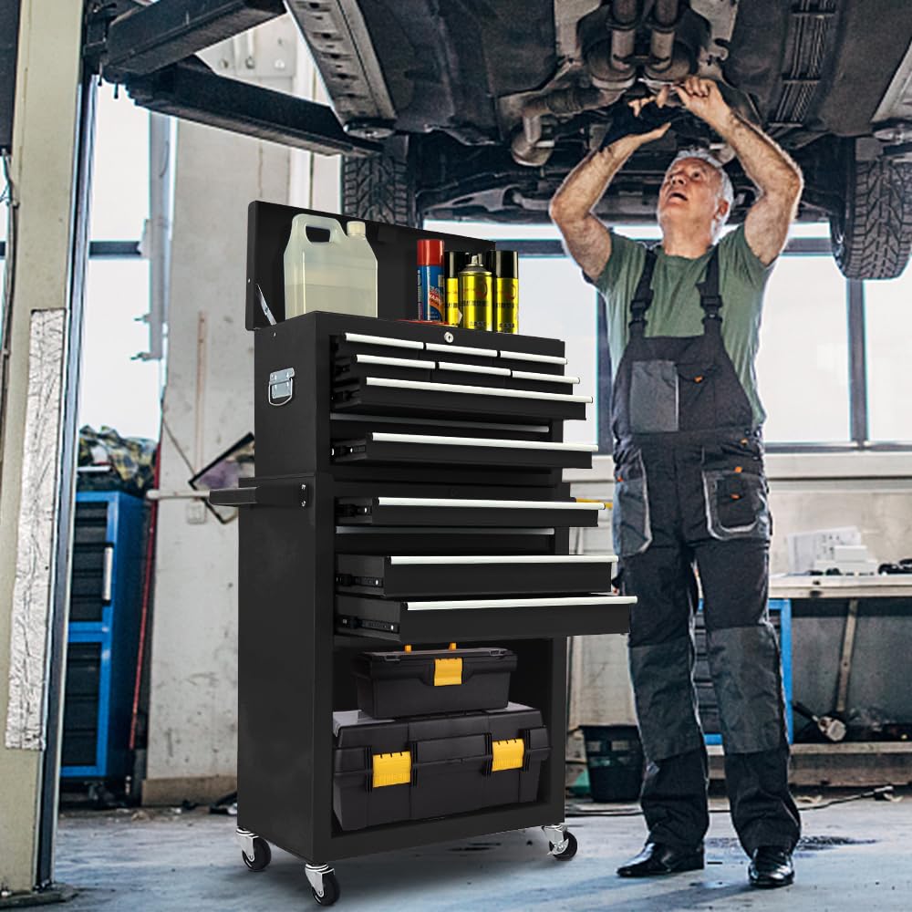 13-Drawer Rolling Tool Chest with Detachable Toolbox - Heavy Duty Metal Tool Storage Cabinet with Sliding Drawers for Garage, Workshop & Mechanic Tools Organization (Black) - Perfect for Automotive Repair, DIY Projects & Professional Workspaces