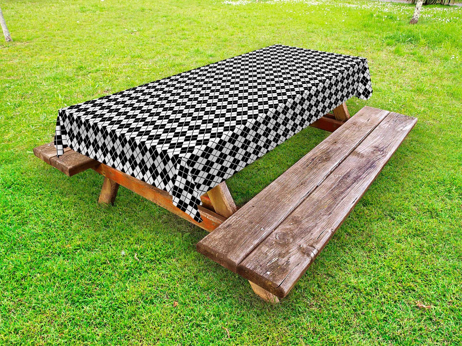 Ambesonne Black and White Argyle Pattern Outdoor Tablecloth - Modern Diamond Stripes Washable Picnic Table Cover 58