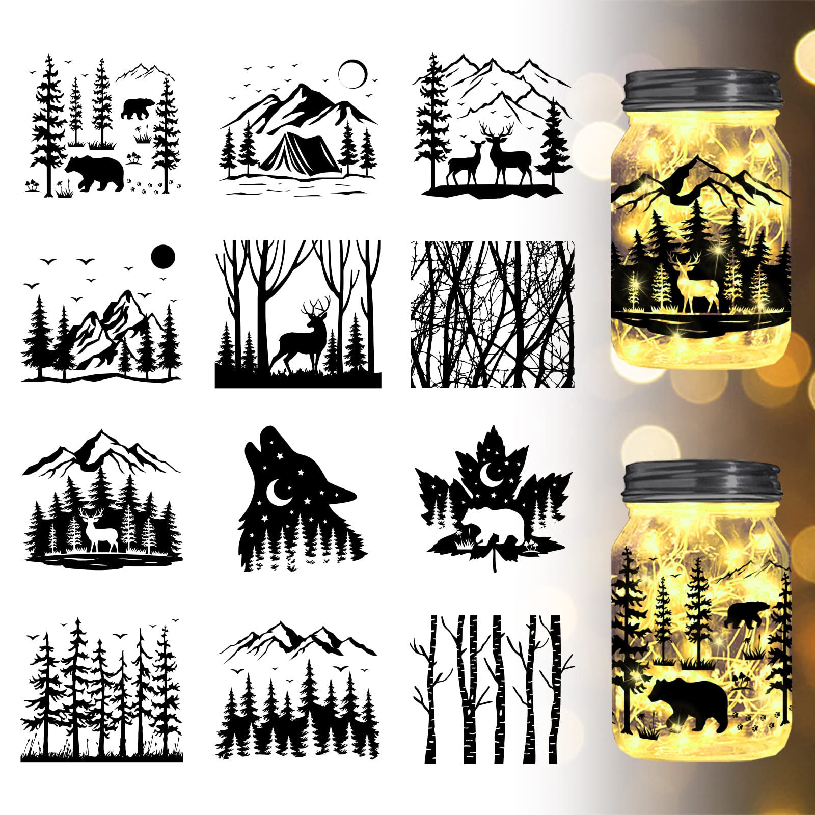 GLOBLELAND Forest Animals Silhouette Jar Cutouts - Decorative Window Clings for Glass, Plastic Wall Art, Mountain & Tree Paper Cutouts - Non-Adhesive Lamp Decals (Perfect for Nursery Decor, DIY Home Projects & Seasonal Window Displays)