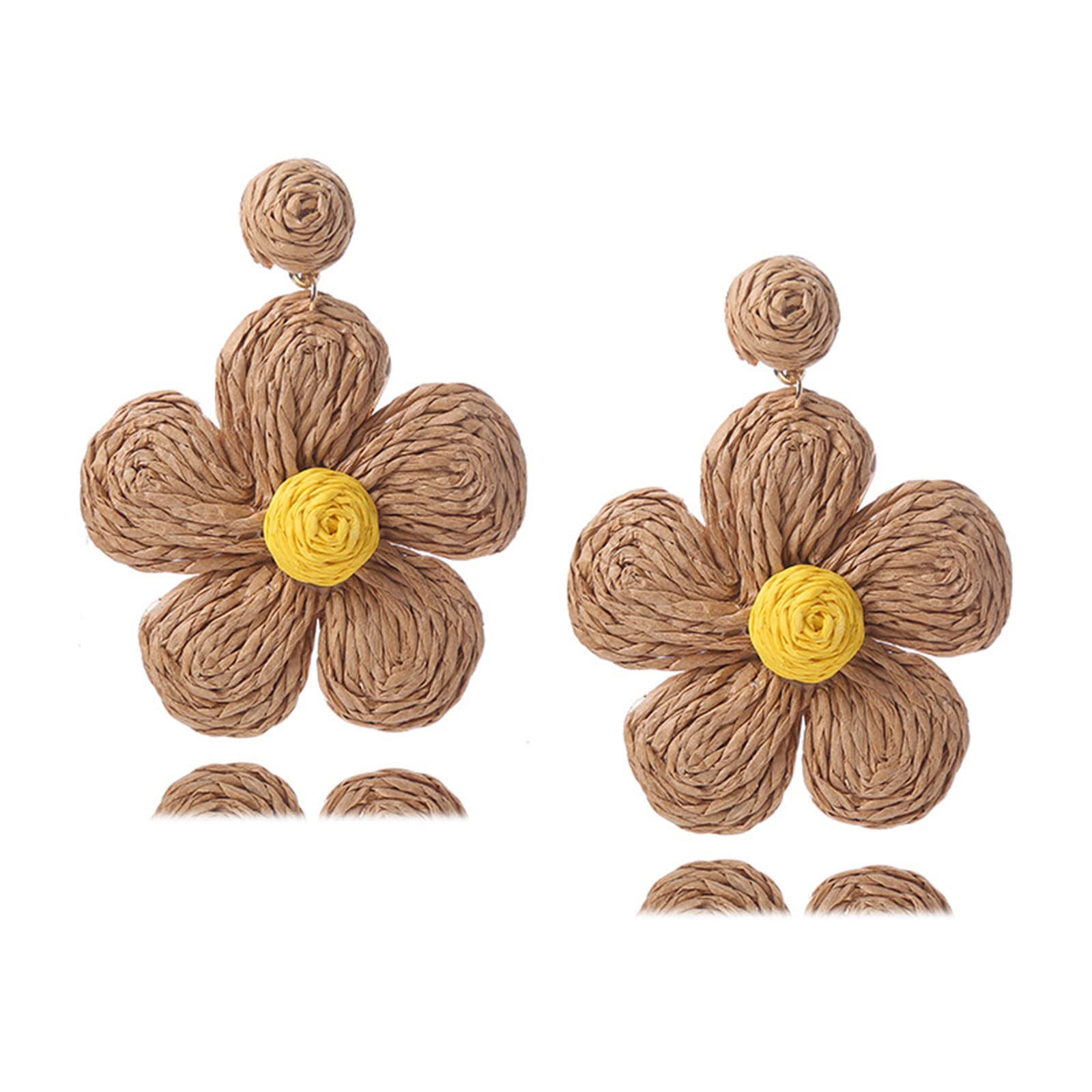Handmade Bohemian Rattan Flower Drop Dangle Earrings for Women - Colorful Raffia Straw Wicker Statement Jewelry | Perfect for Summer, Tropical Vacations & Beach Parties
