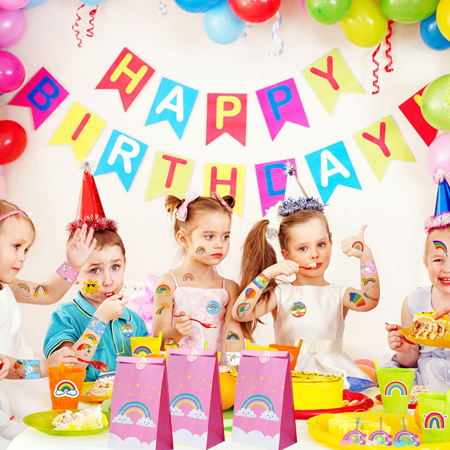 110-Piece Rainbow Party Favors Set - Slap Bracelets, Button Pins, Stickers, Temporary Tattoos & Key Chains - Perfect for Kids Birthday Parties, Baby Showers & Unicorn Themed Celebrations - Includes Gift Bags & Decorations for Boys & Girls