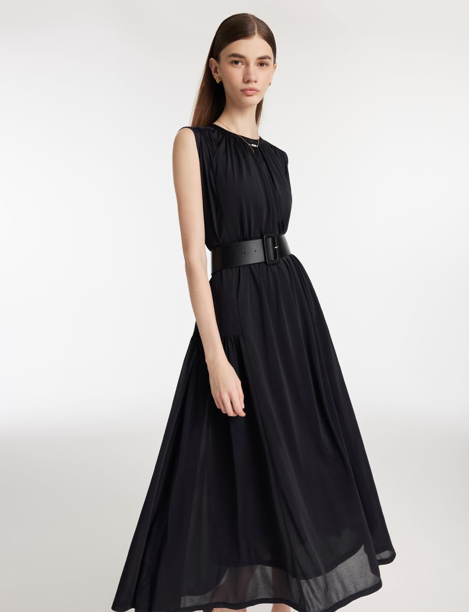 2025 Women's Summer Black Sleeveless Maxi Dress with Belt - Elegant Formal Wedding Guest Dress for Beach Parties & Evening Events