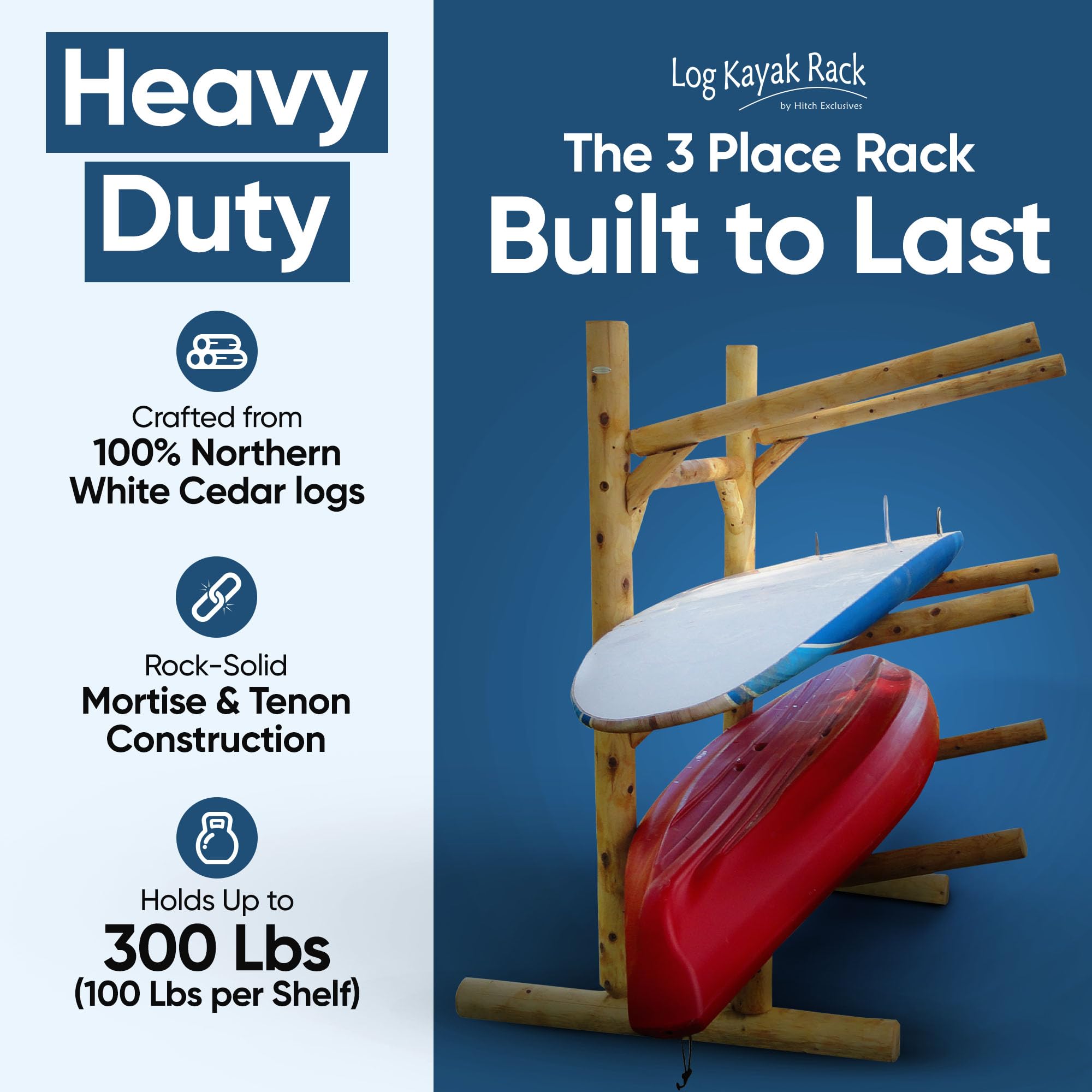 Freestanding 3-Place Kayak Rack - Heavy Duty Canoe & SUP Storage Stand for Outdoor Use - Perfect for Kayaks, Paddle Boards, Surfboards & Canoes - Ideal for Garage, Backyard or Dock Storage