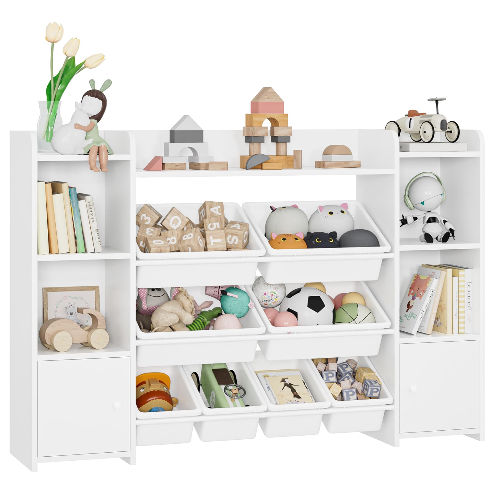 FOTOSOK 55-Inch Large Kids Toy Storage Organizer with 8 Bins & 6 Cubbies - Sturdy Bookshelf & Playroom Organization System for Toys, Books & Games - Perfect for Nursery, Daycare or Playroom (White)