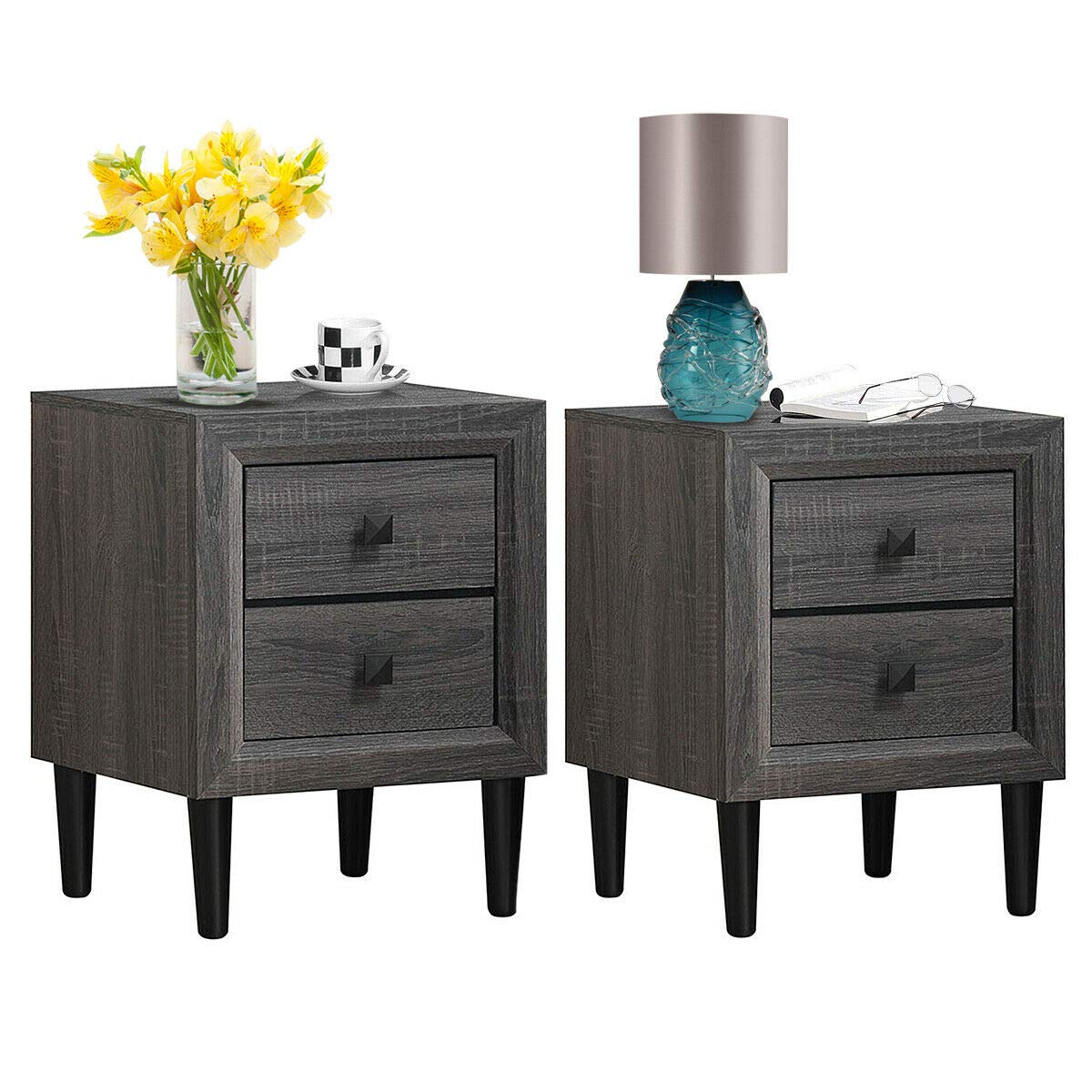 Caraya Retro Nightstand Set of 2 - Grey Space-Saving Bedside Table with 2 Sliding Drawers for Bedroom, Living Room & Office Storage | Multipurpose Side Table for Small Spaces